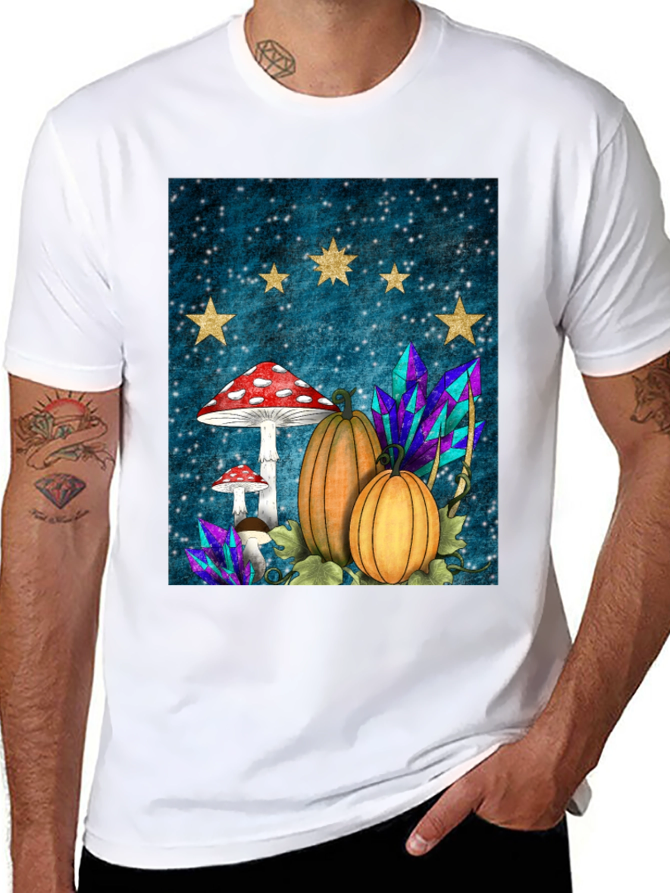 Whimsical Fall T-Shirt - Mushrooms Pumpkins & Stars
