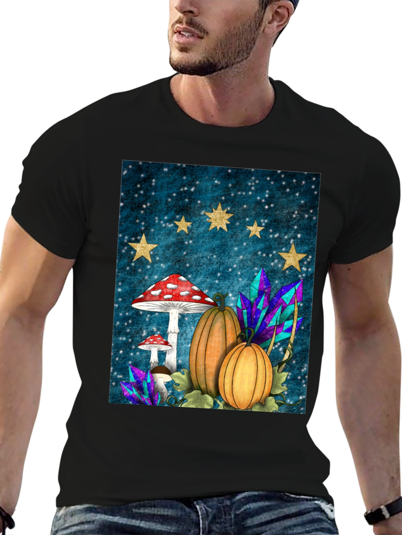 Whimsical Fall T-Shirt - Mushrooms Pumpkins & Stars