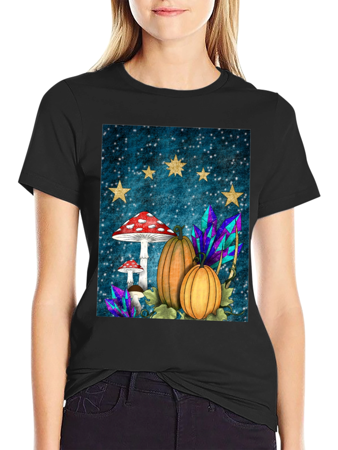 Whimsical Fall T-Shirt - Mushrooms Pumpkins & Stars