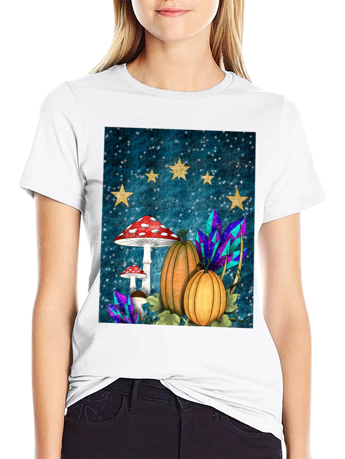 Whimsical Fall T-Shirt - Mushrooms Pumpkins & Stars