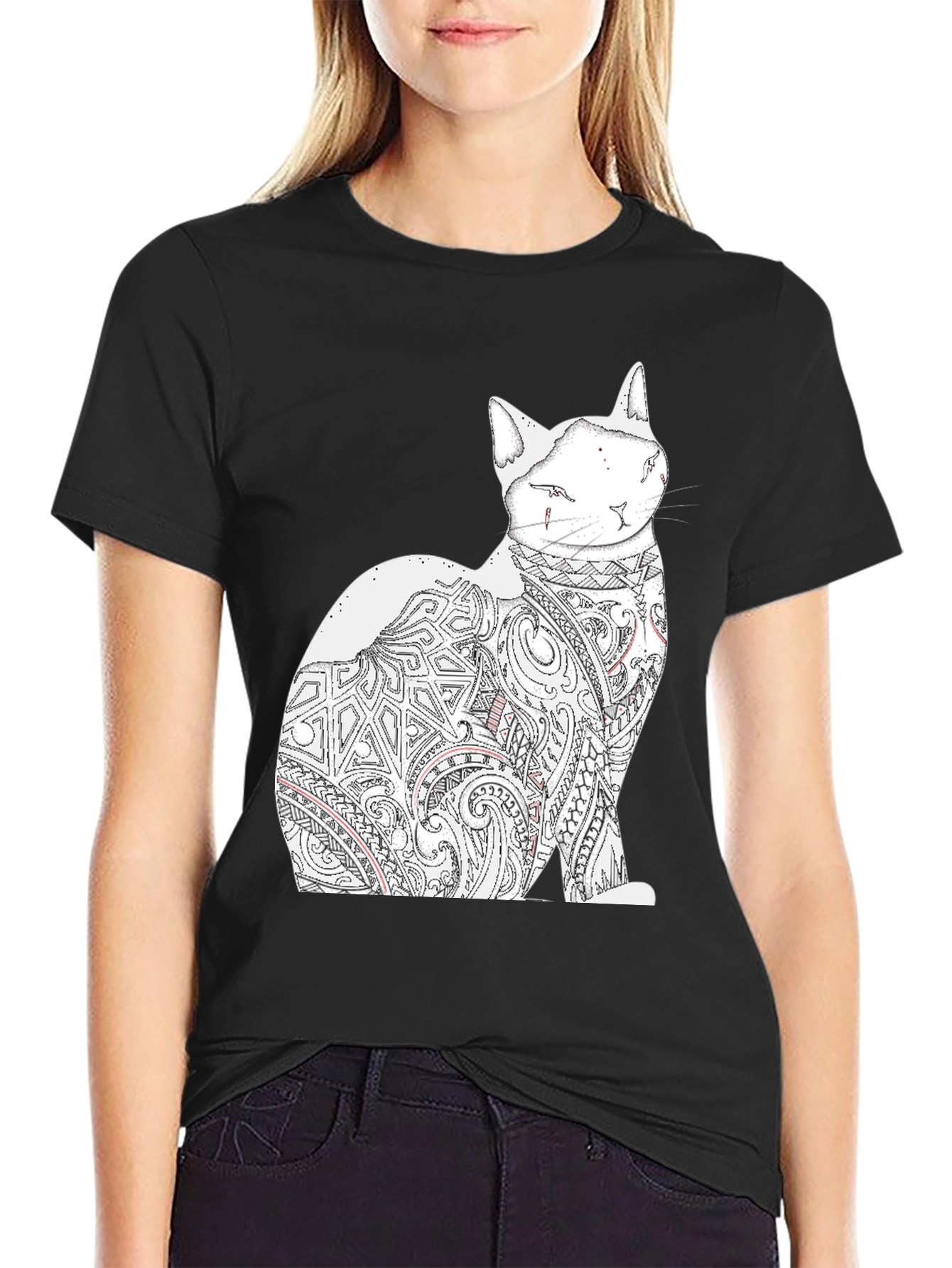 Cat Tattoo Graphic Print Black Tee