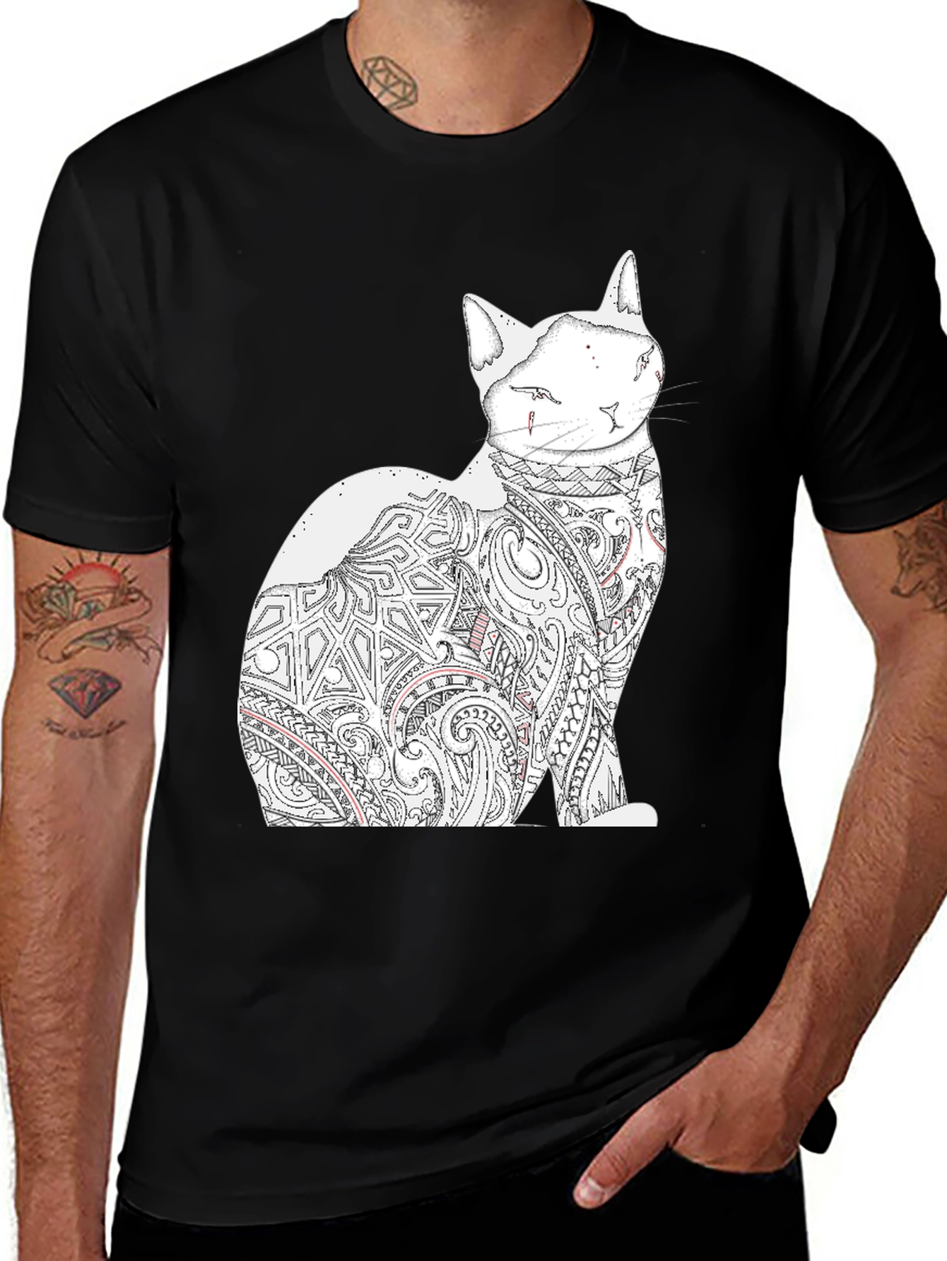 Cat Tattoo Graphic Print Black Tee
