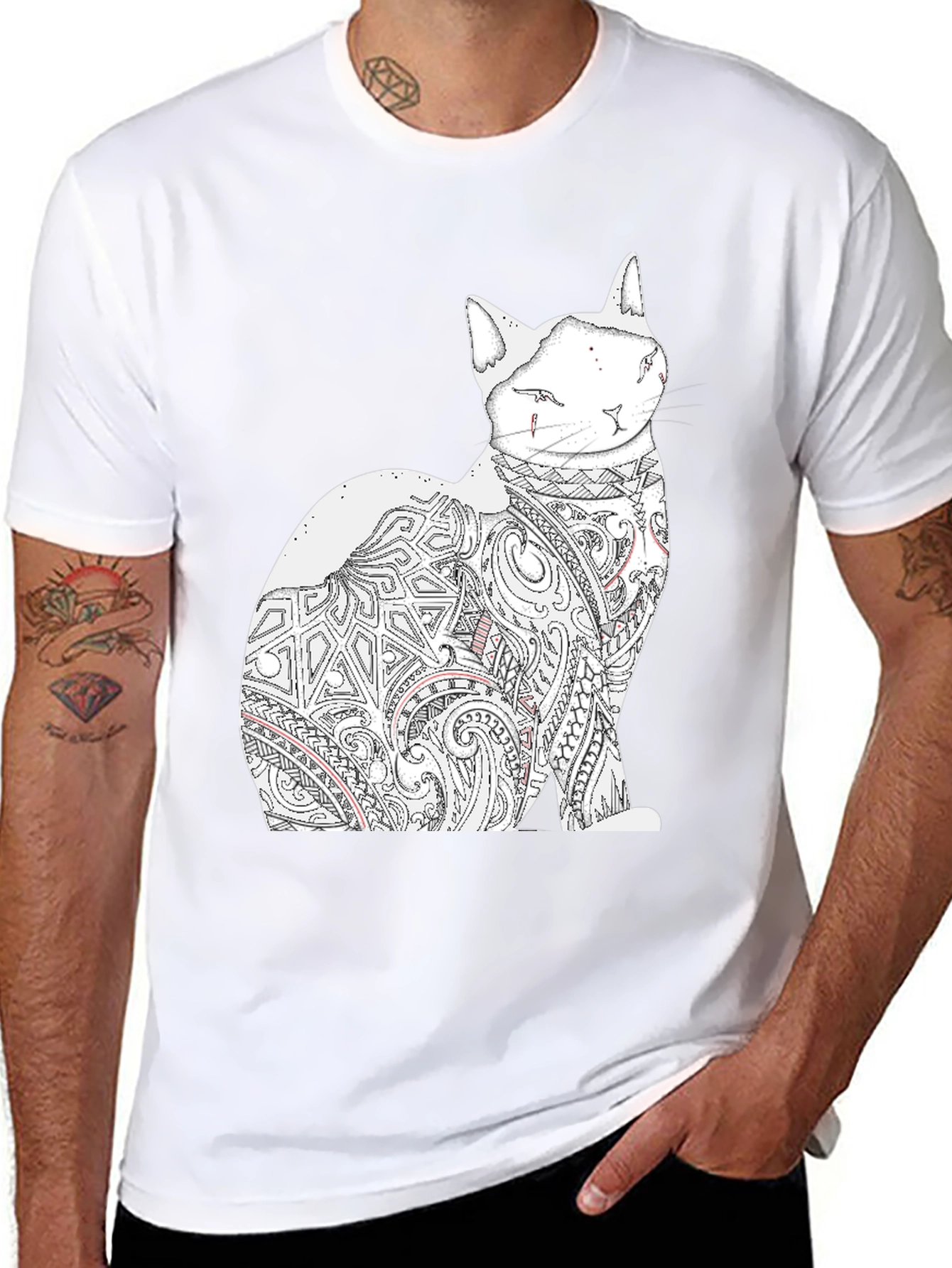 Cat Tattoo Graphic Print Black Tee
