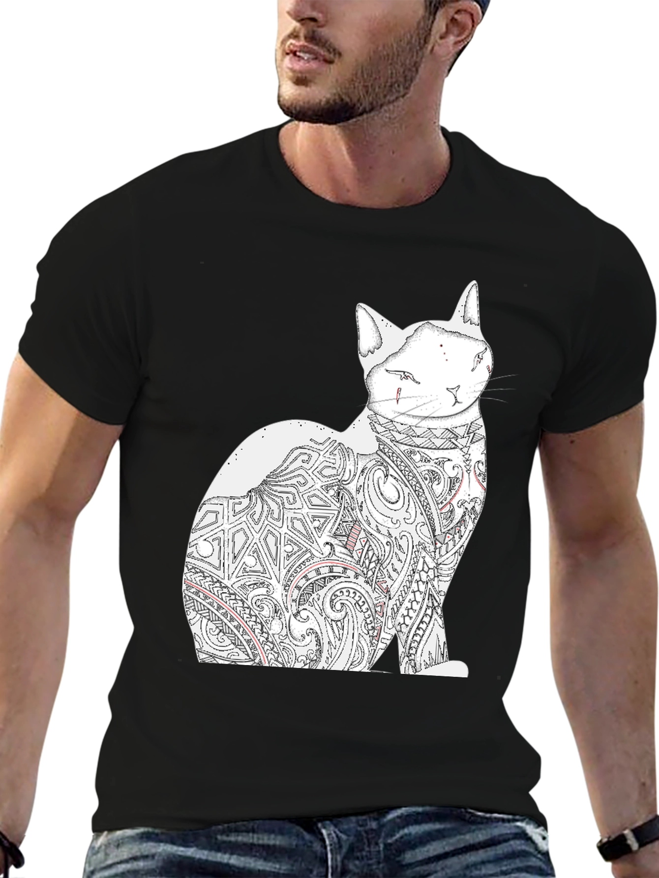 Cat Tattoo Graphic Print Black Tee