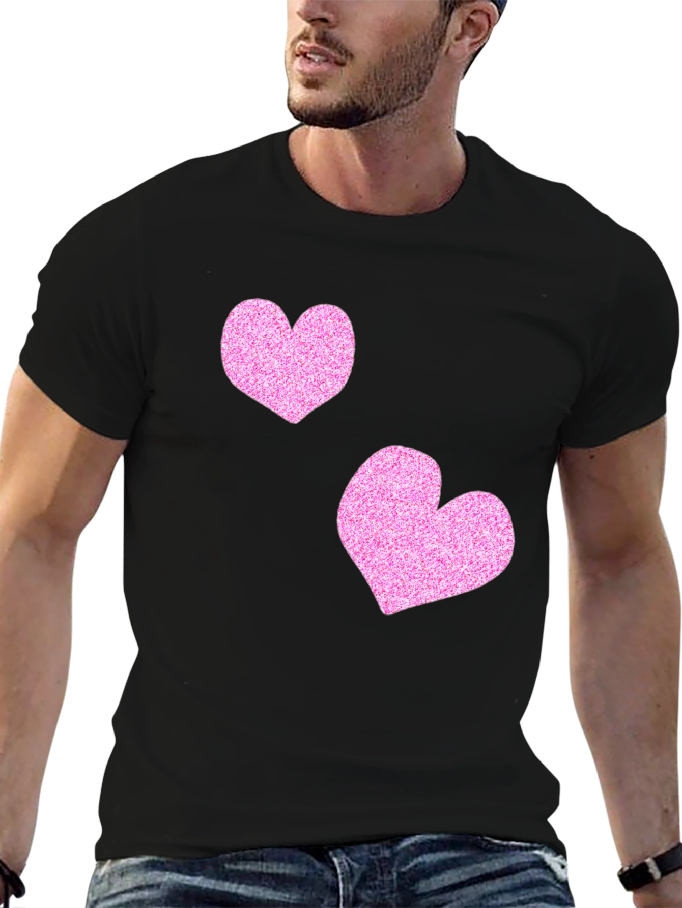Stylish Black T-Shirt with Glitter Pink Heart Design