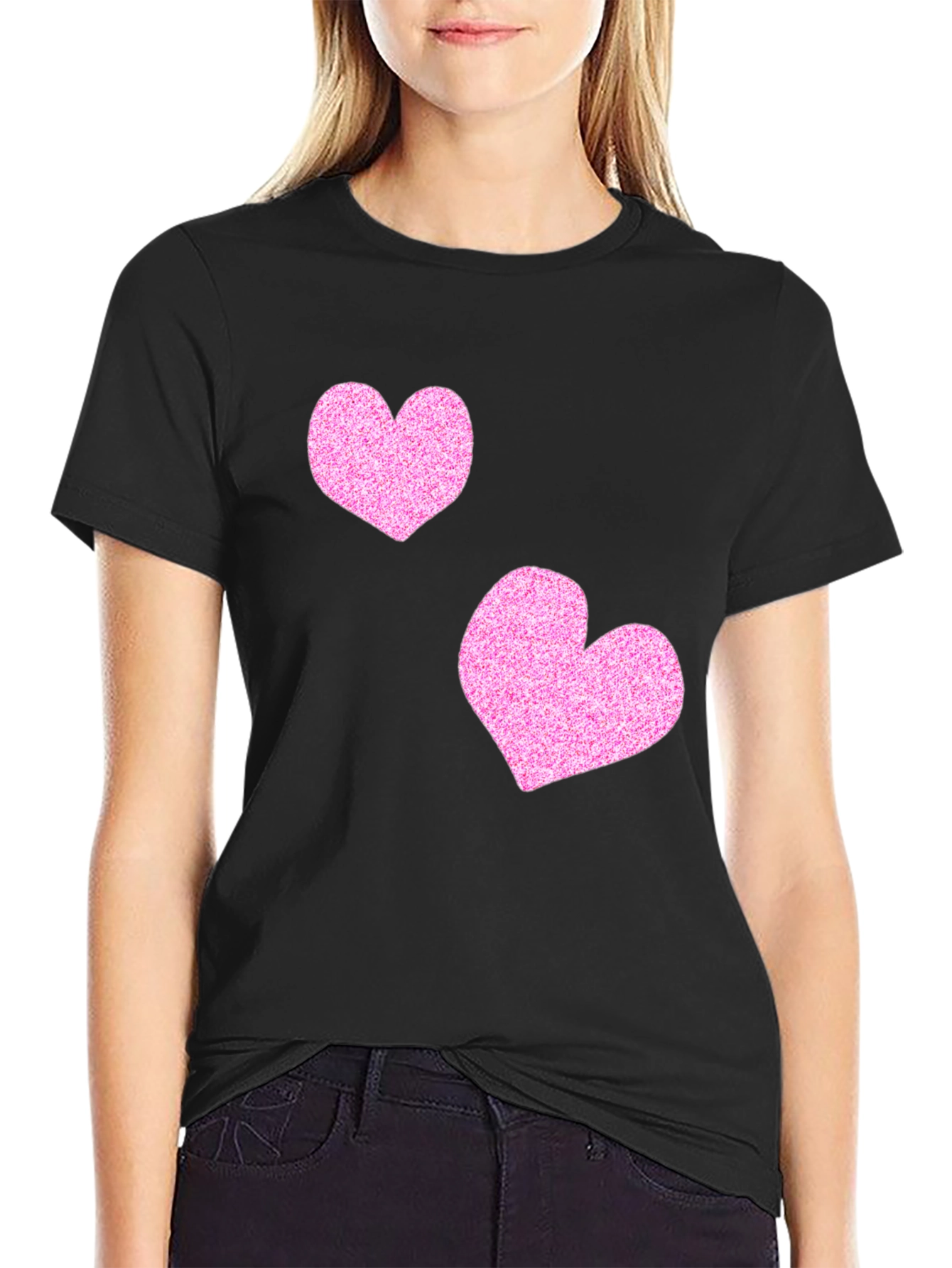 Stylish Black T-Shirt with Glitter Pink Heart Design