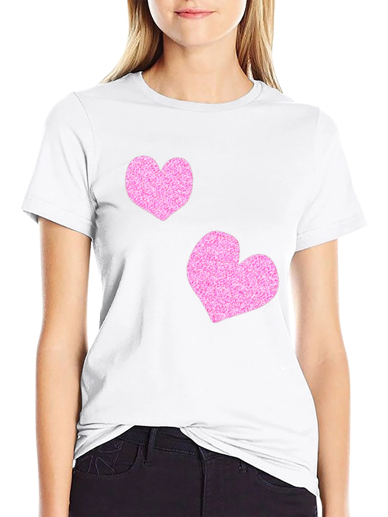 Stylish Black T-Shirt with Glitter Pink Heart Design