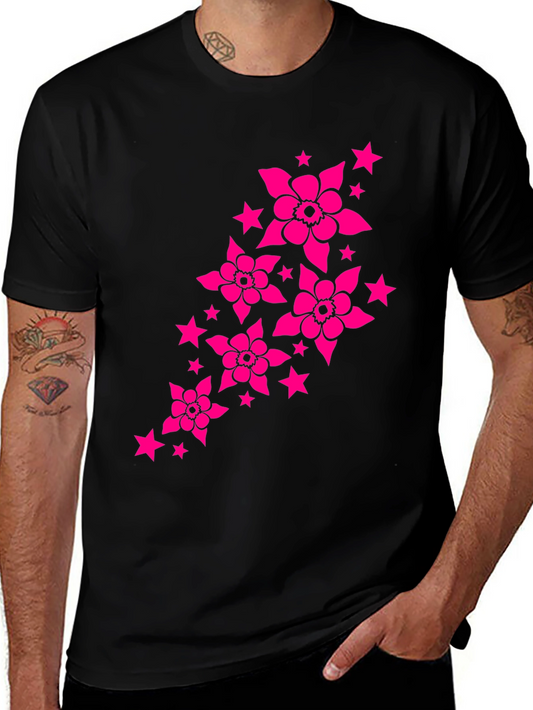 Stylish Black T-Shirt with Pink Floral & Star Design
