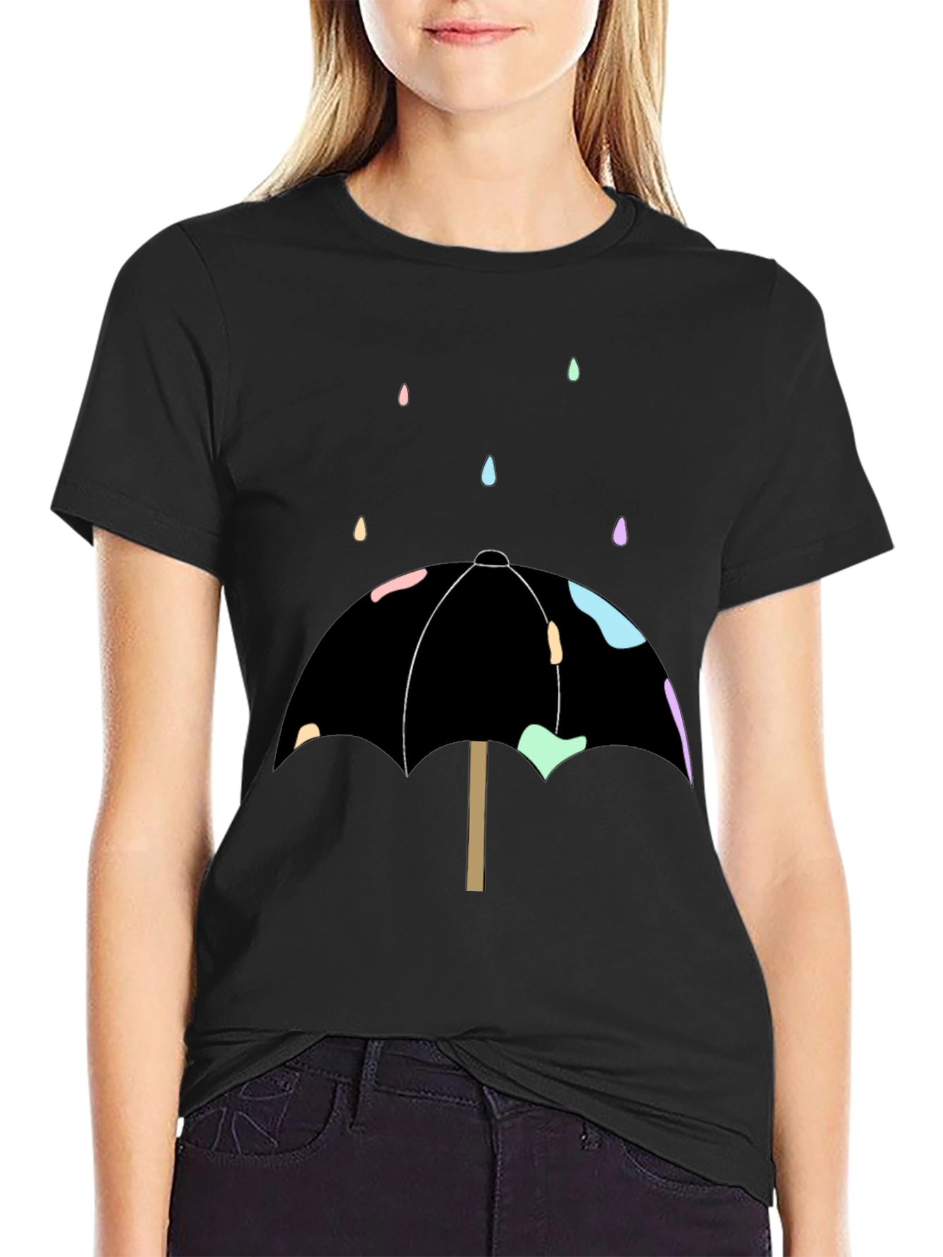 Umbrella Raindrop Graphic Tee - Black Cotton Casual Shirt