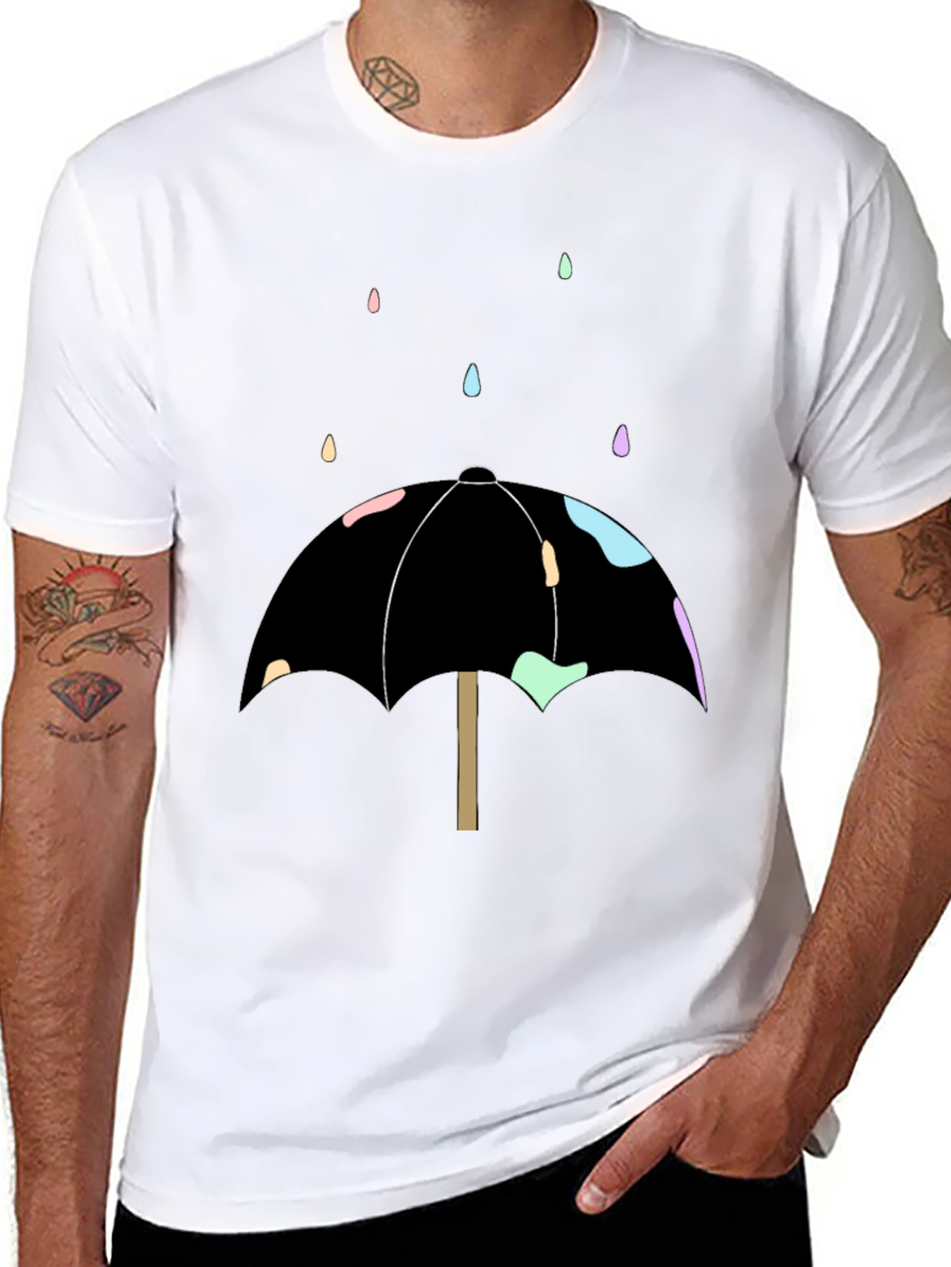 Umbrella Raindrop Graphic Tee - Black Cotton Casual Shirt