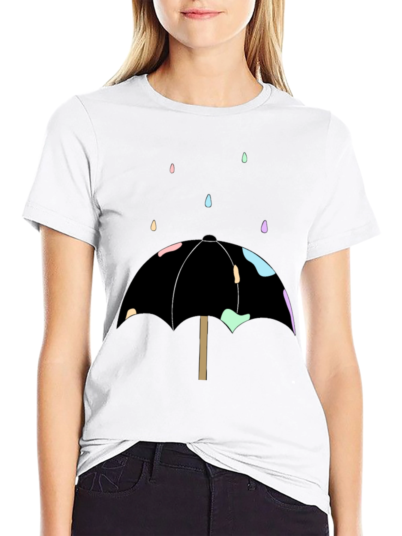 Umbrella Raindrop Graphic Tee - Black Cotton Casual Shirt