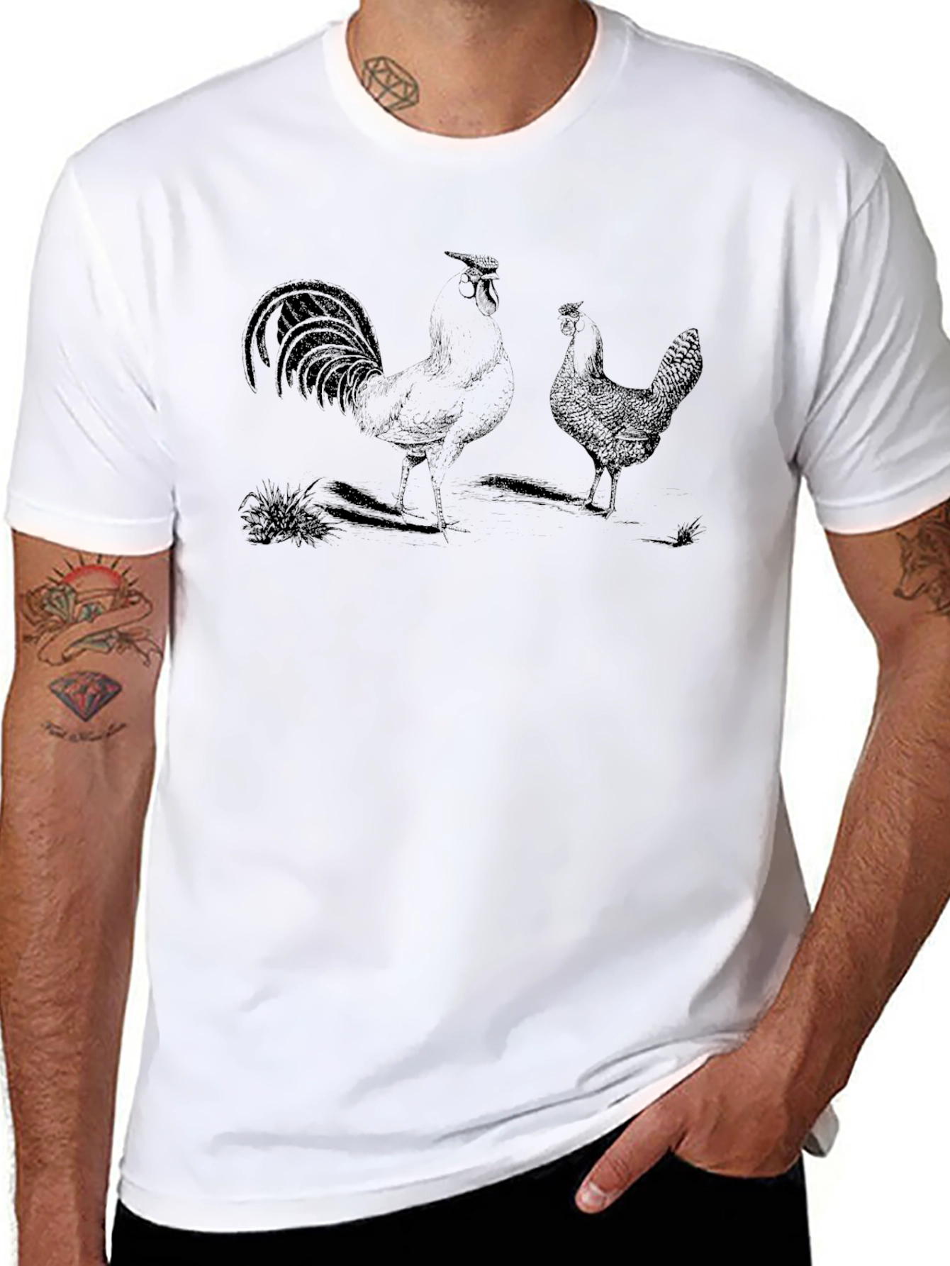 Rooster & Hen Graphic Print Black T-Shirt