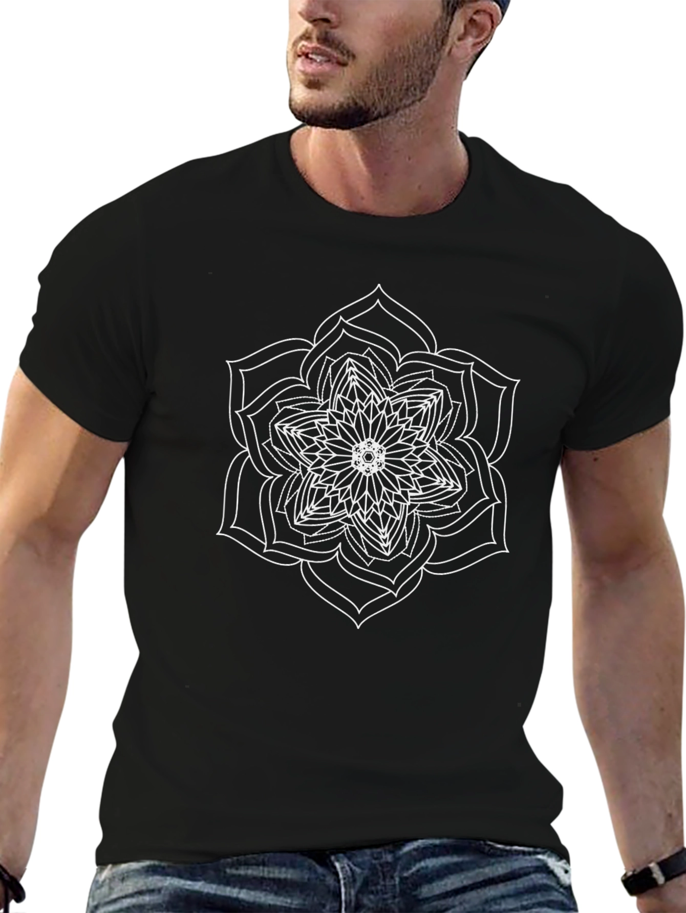 Black T-Shirt with White Mandala Design