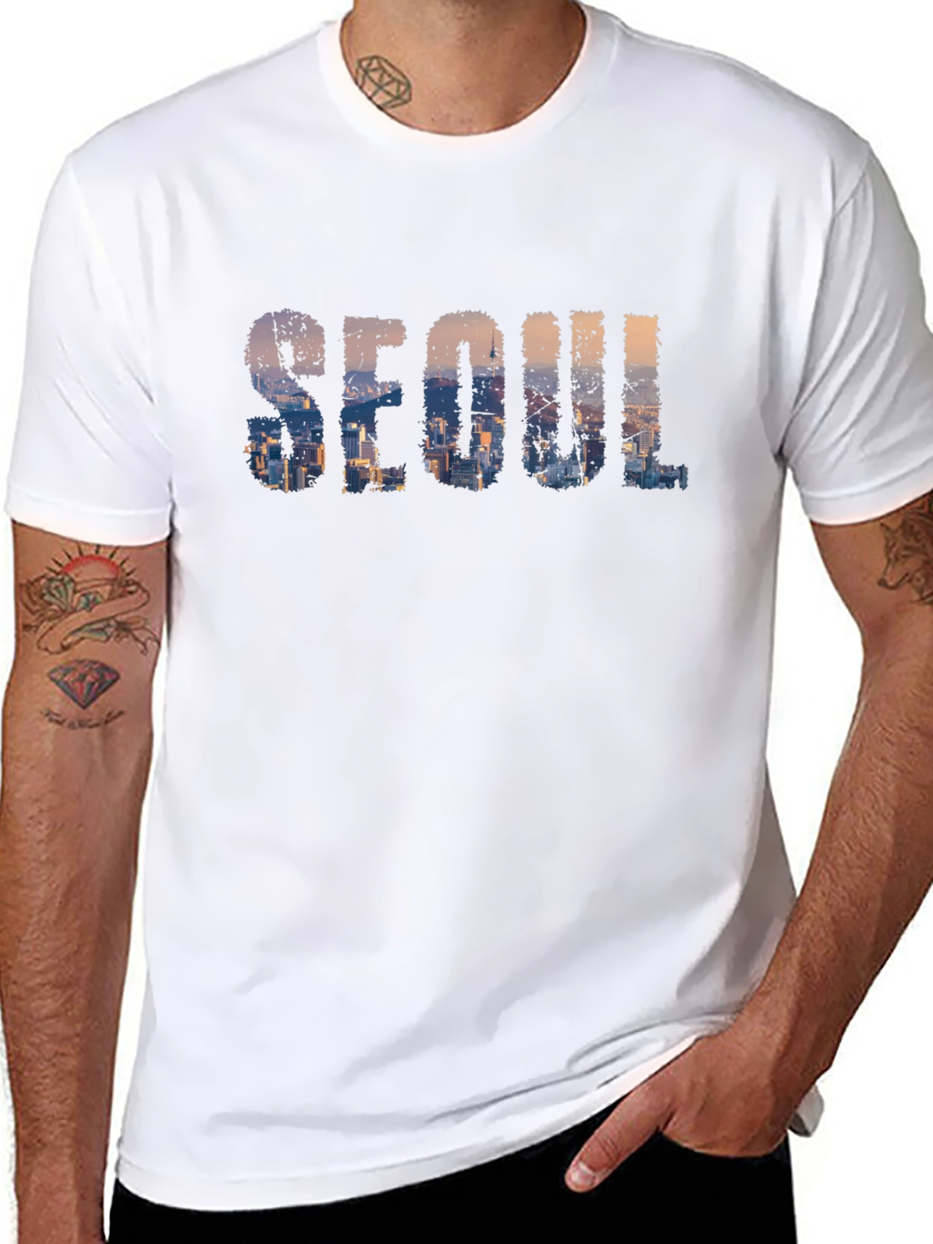 Seoul Skyline Graphic Print Black T-Shirt