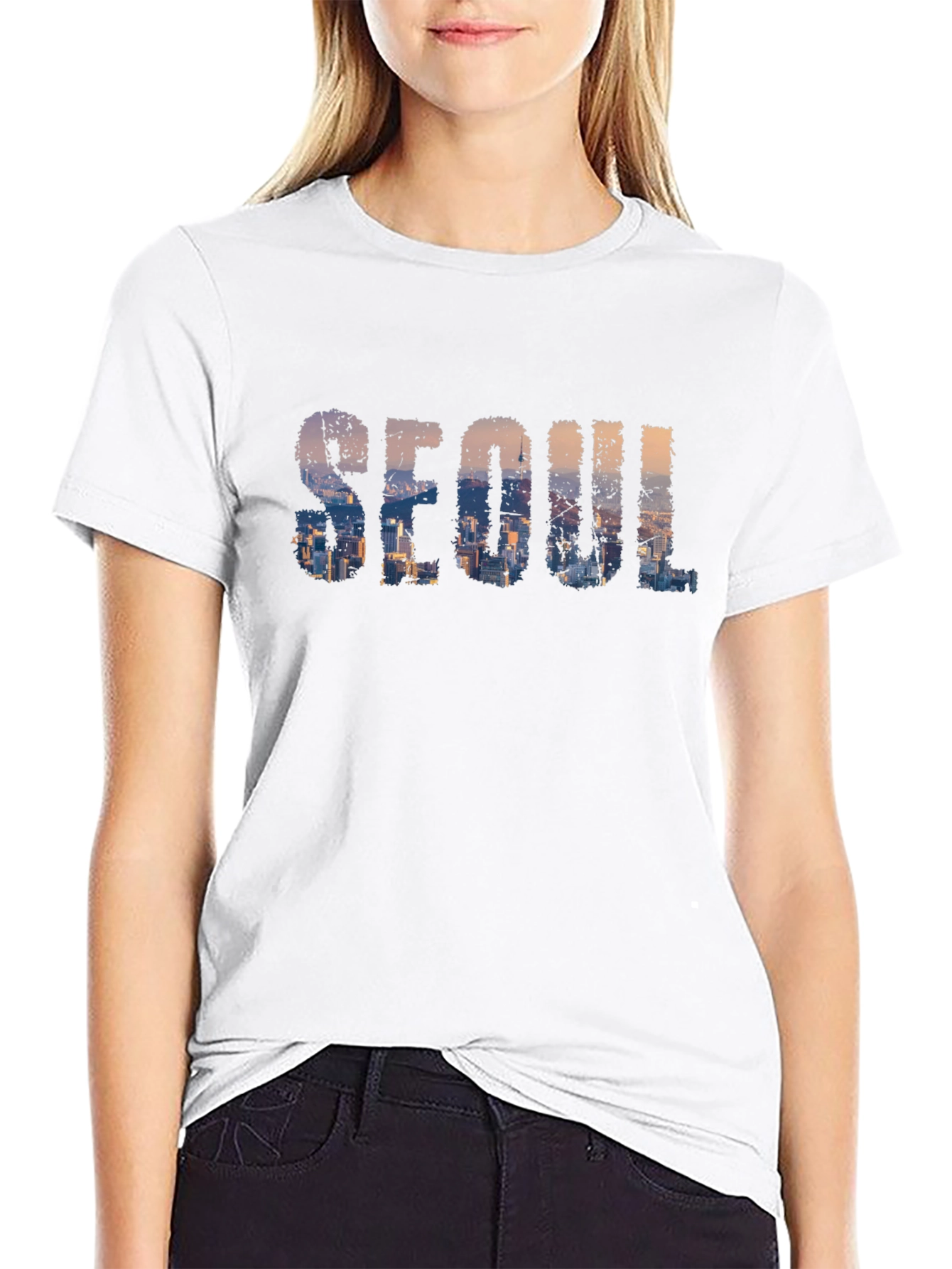 Seoul Skyline Graphic Print Black T-Shirt