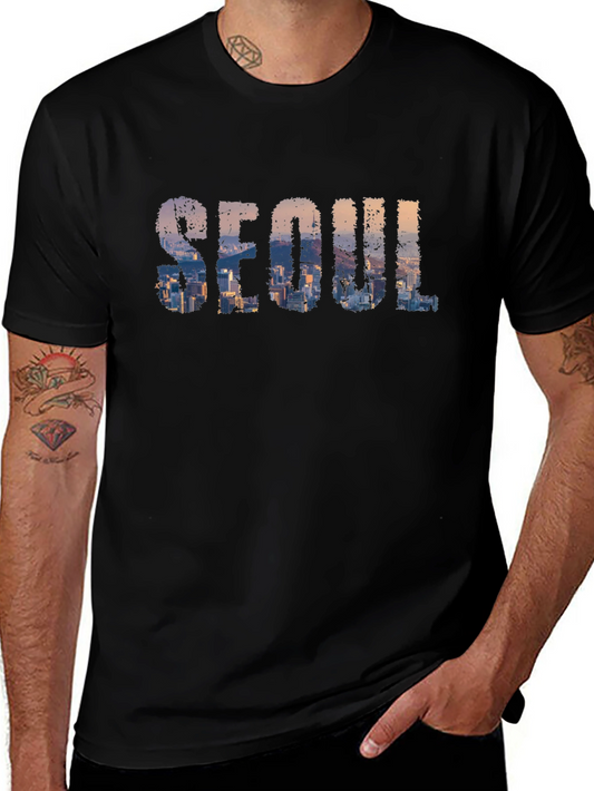 Seoul Skyline Graphic Print Black T-Shirt