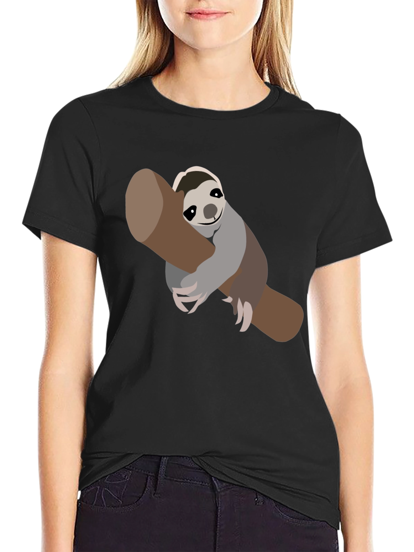 Cute Sloth on Branch Black T-Shirt