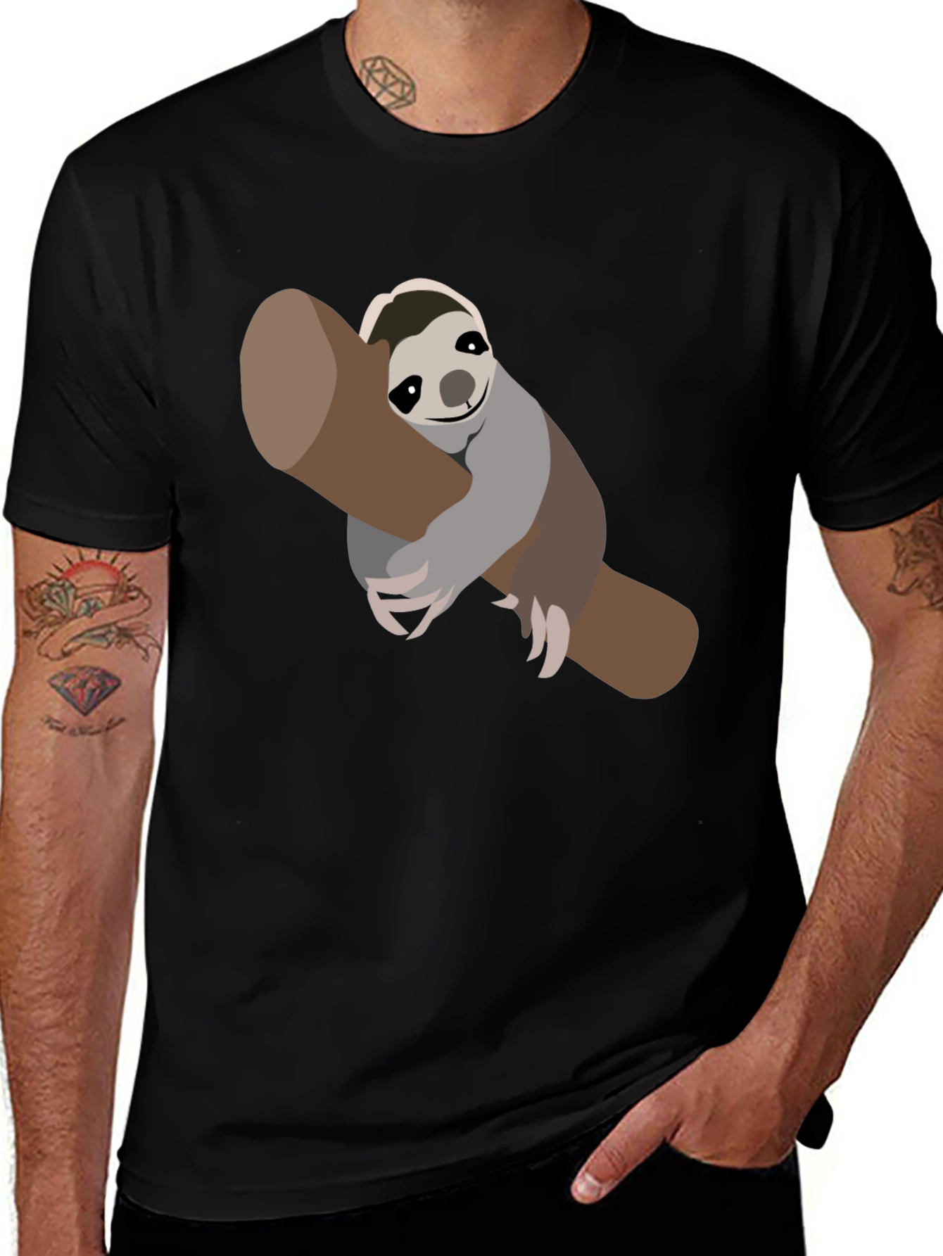 Cute Sloth on Branch Black T-Shirt