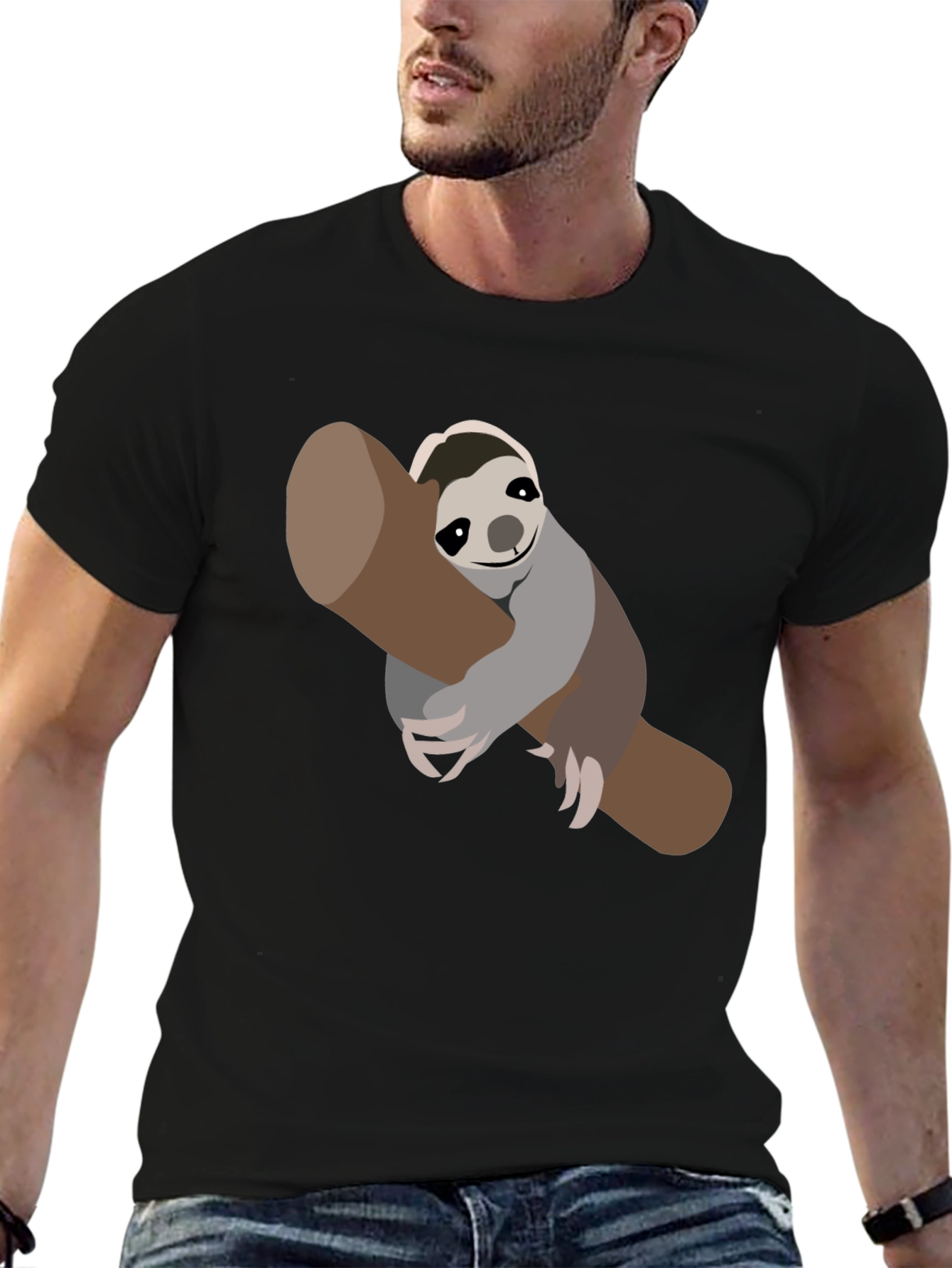 Cute Sloth on Branch Black T-Shirt