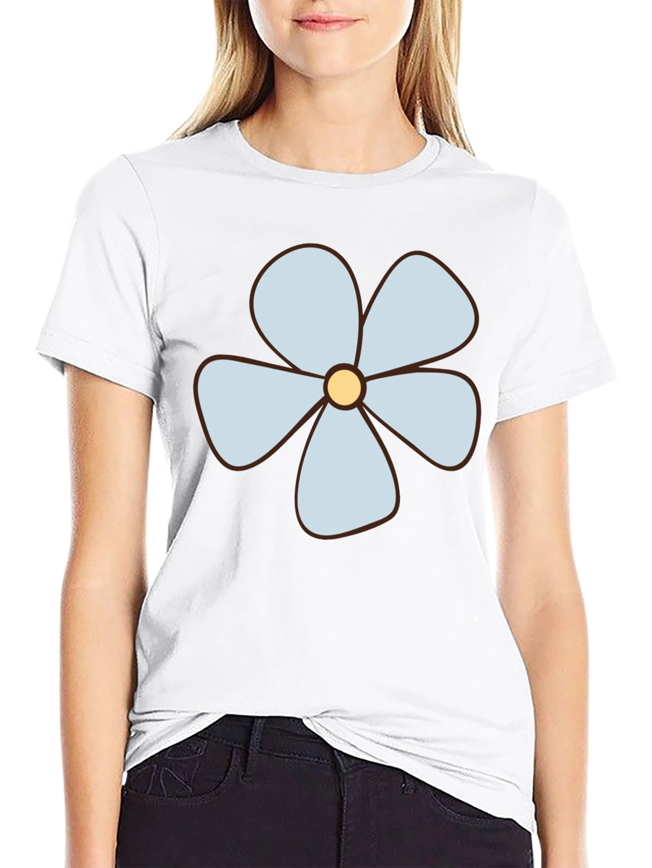 Black T-Shirt with Light Blue Flower Graphic