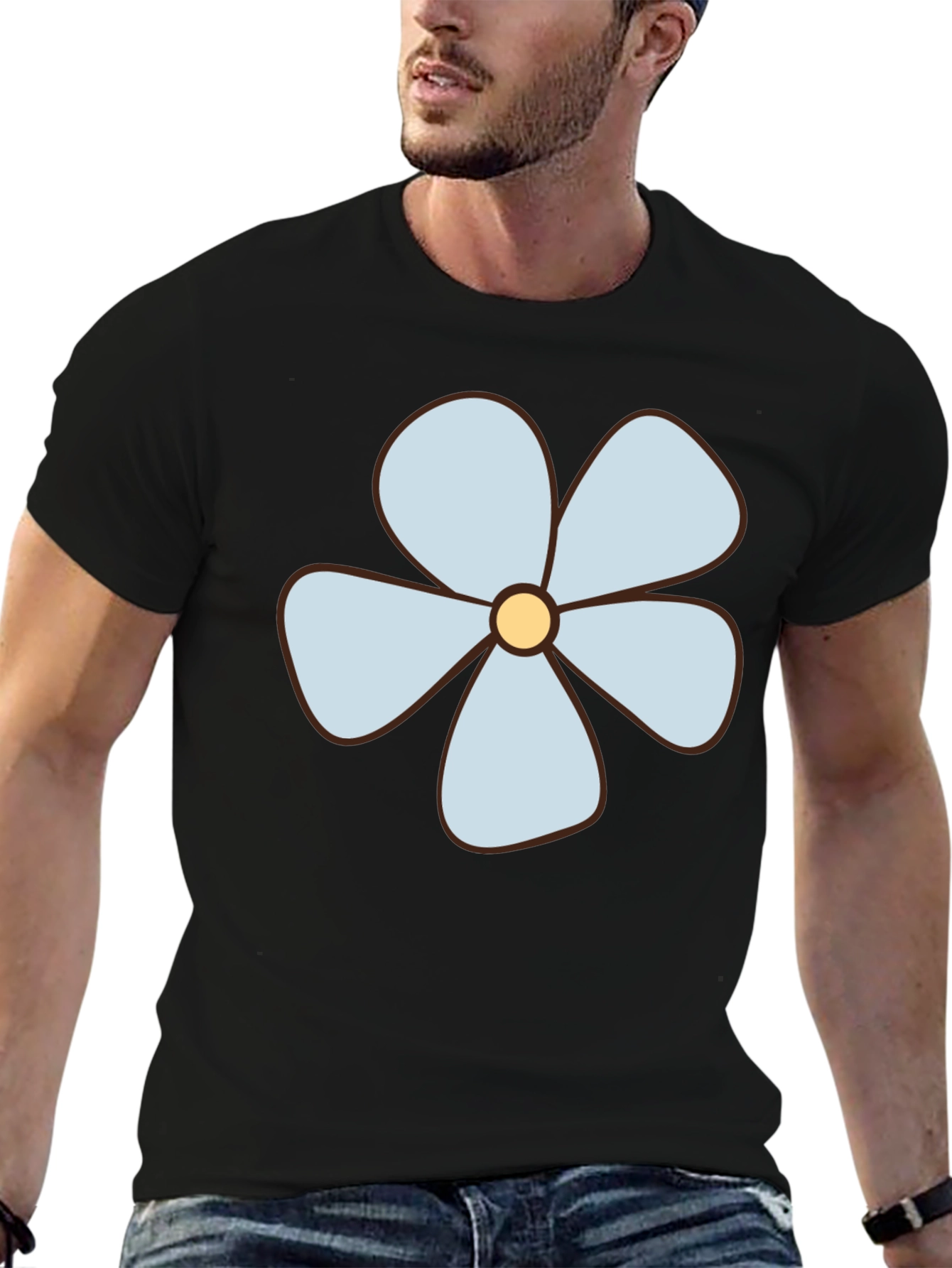Black T-Shirt with Light Blue Flower Graphic