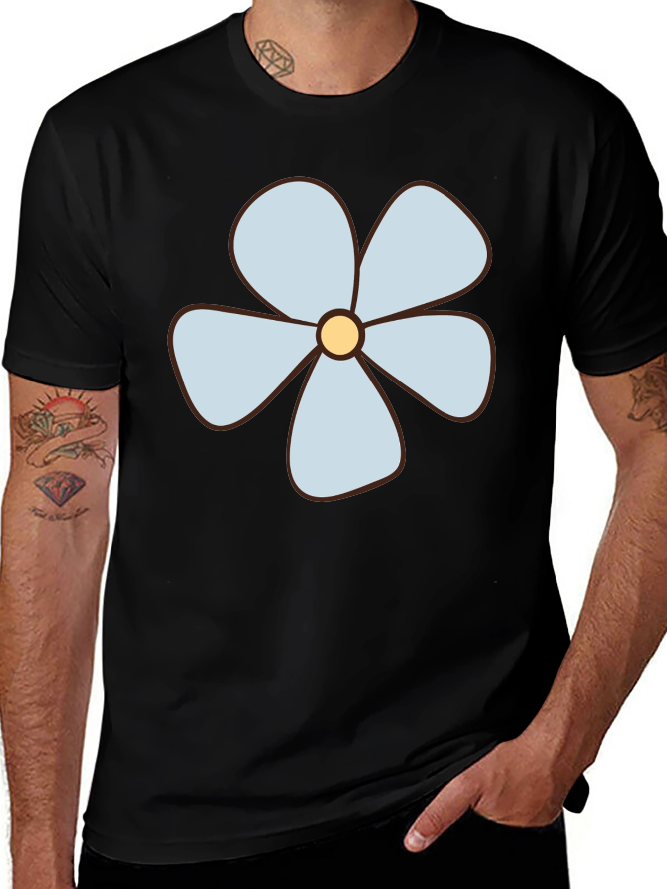 Black T-Shirt with Light Blue Flower Graphic