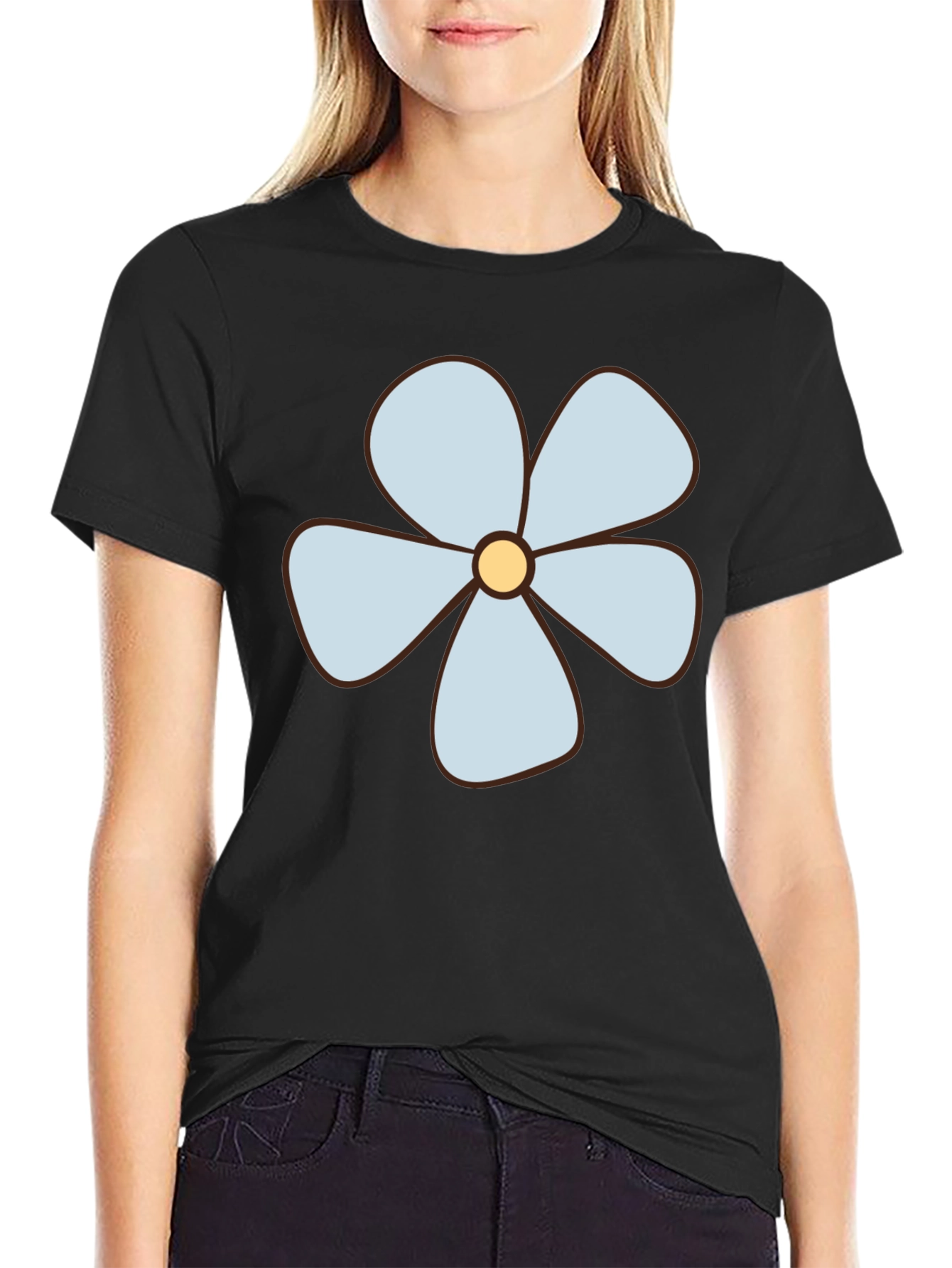 Black T-Shirt with Light Blue Flower Graphic