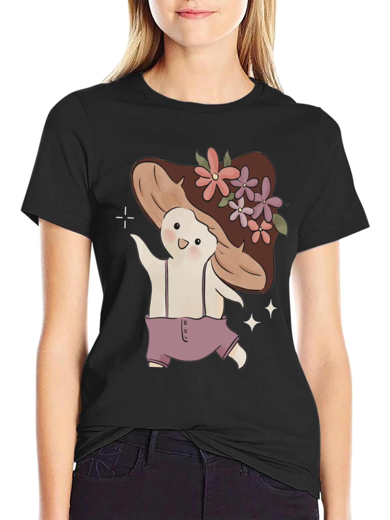 Mushroom Character Black T-Shirt