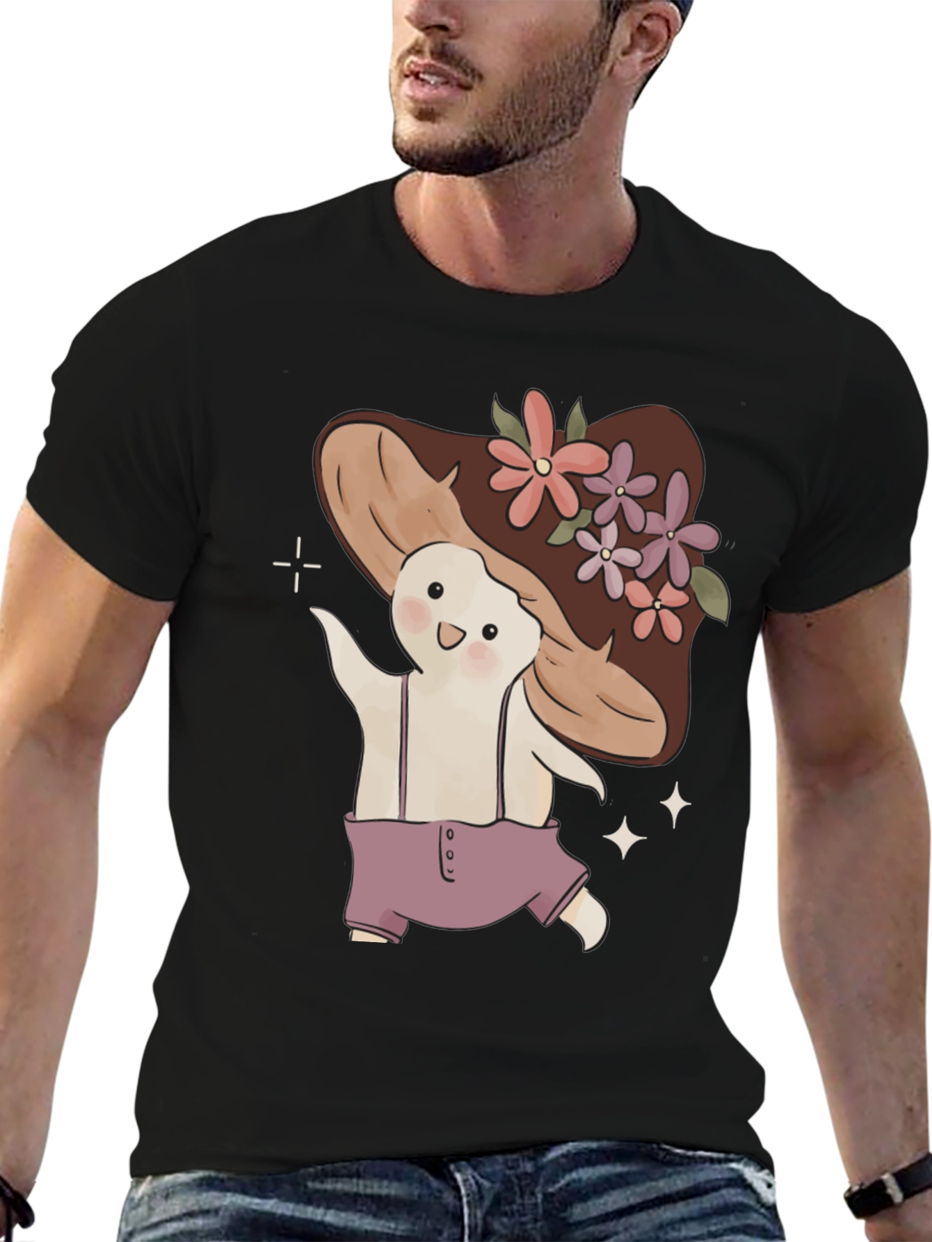Mushroom Character Black T-Shirt