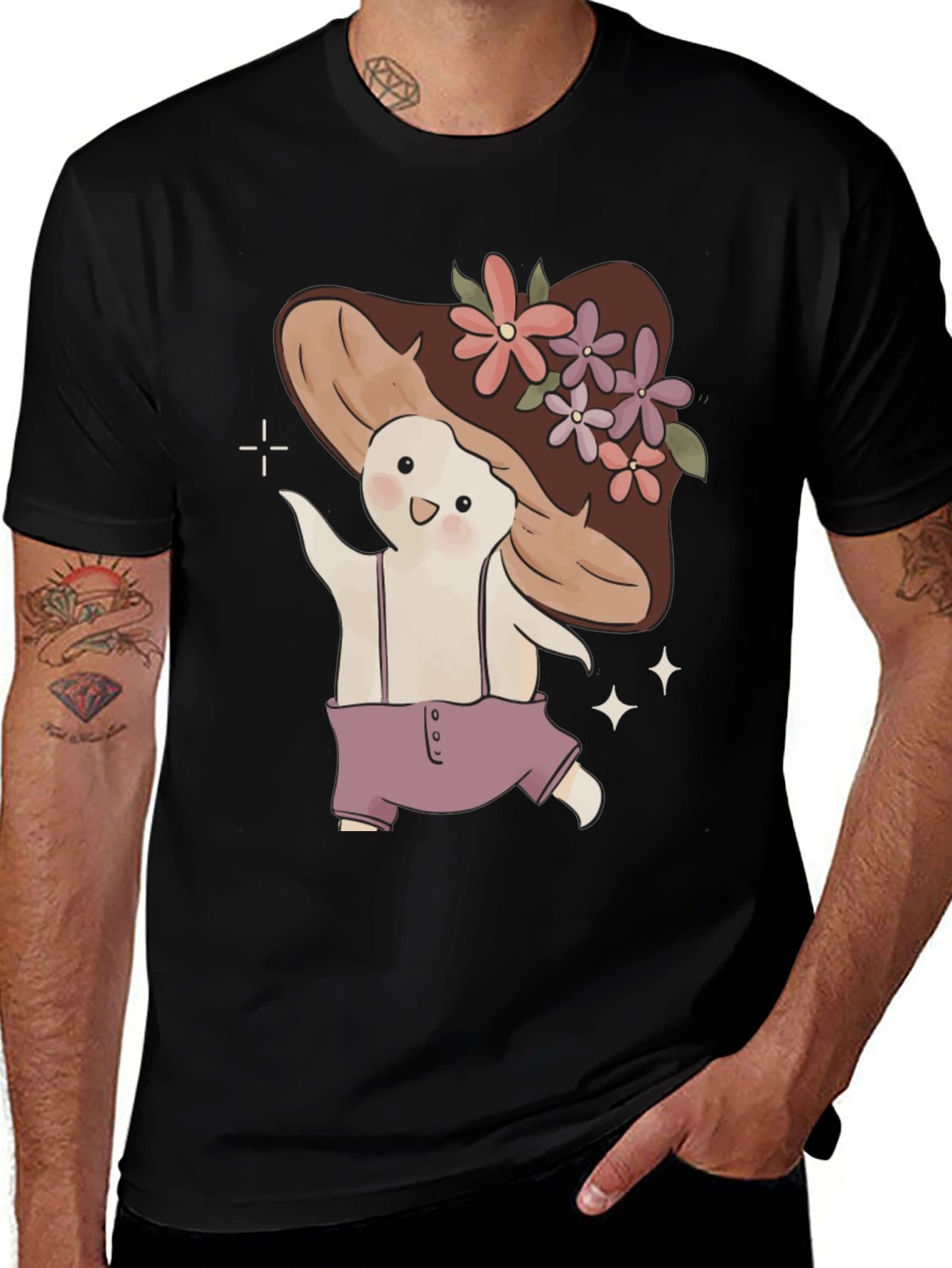 Mushroom Character Black T-Shirt