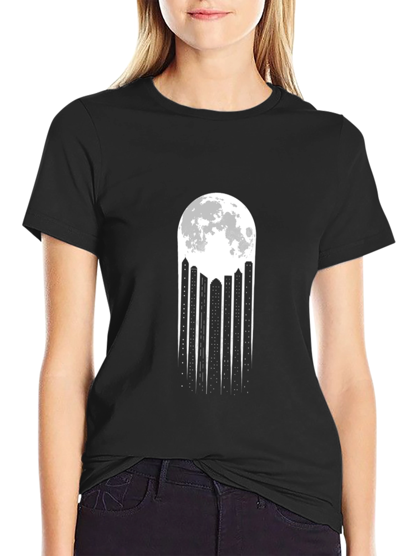 Moonlit Cityscape Black T-Shirt