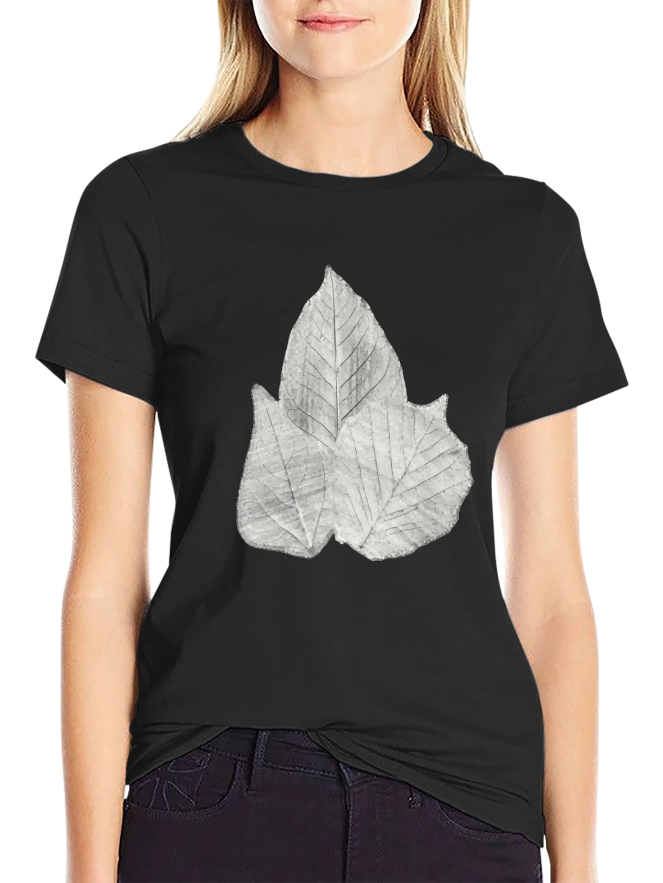 Leaf Print Black Tee - Botanical Style