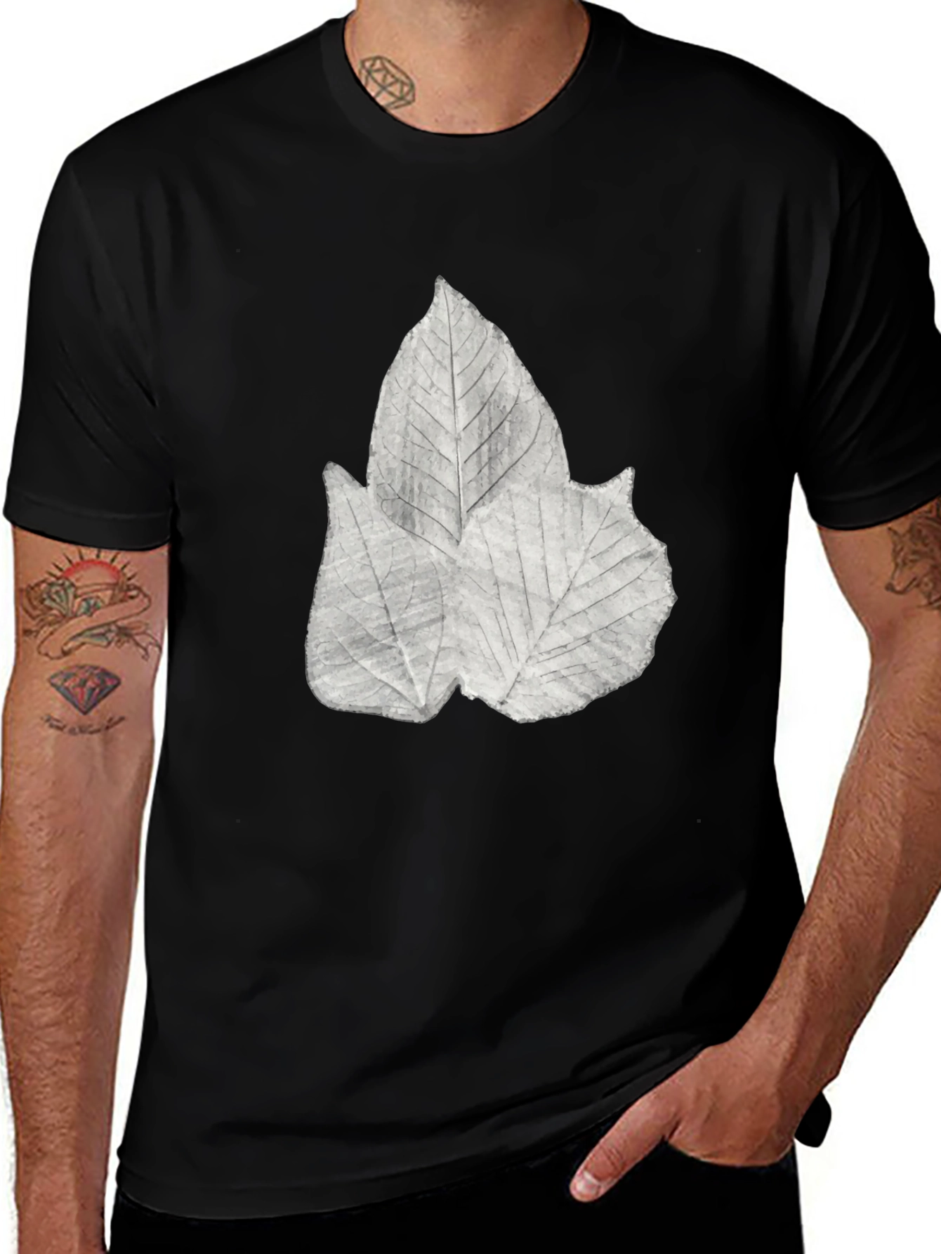 Leaf Print Black Tee - Botanical Style