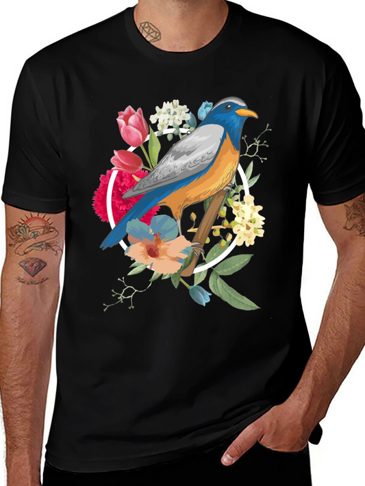 Bird & Floral Graphic Tee - Stylish Mens Black T-Shirt