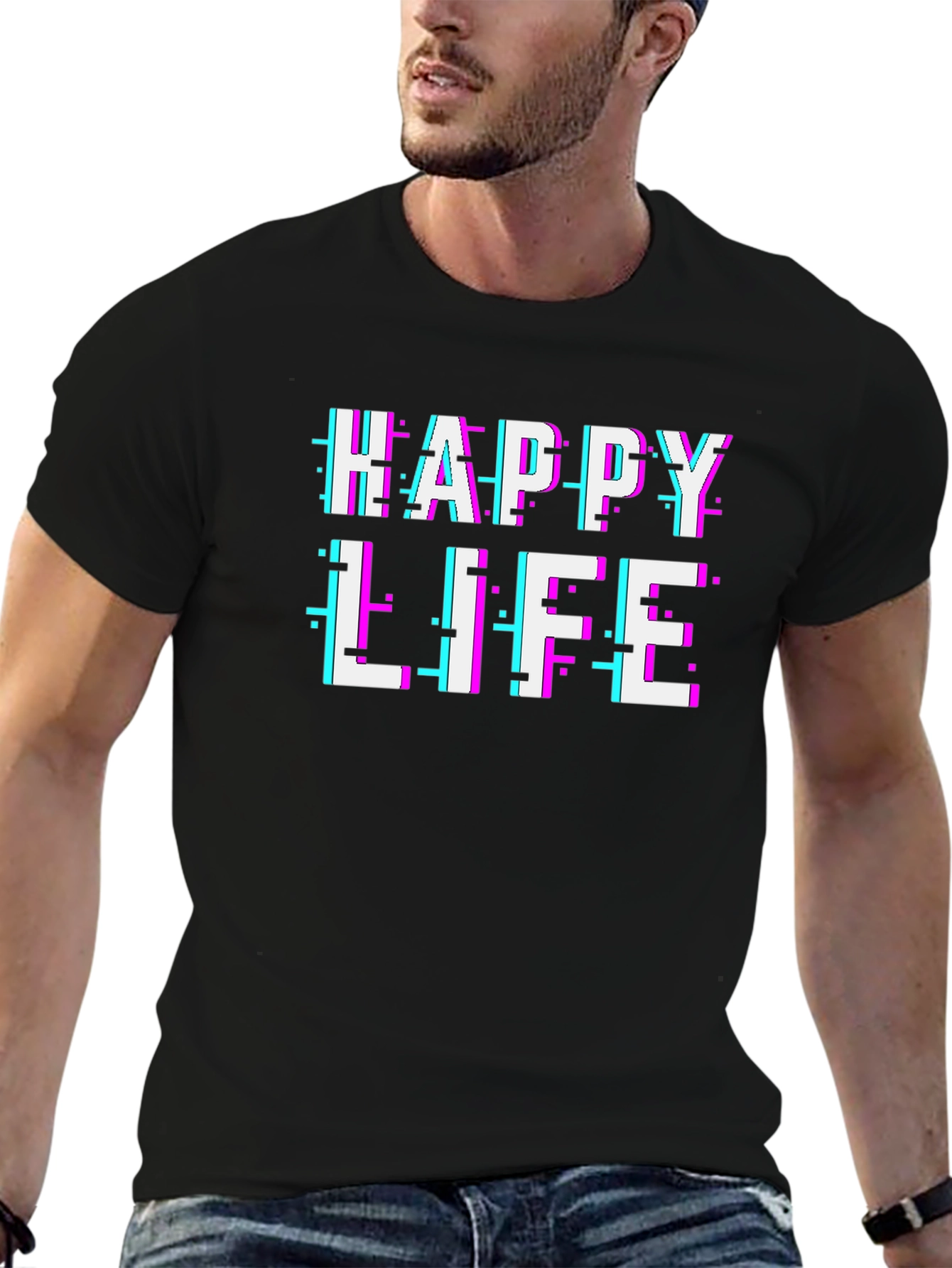 Happy Life Glitch Text Graphic T-Shirt
