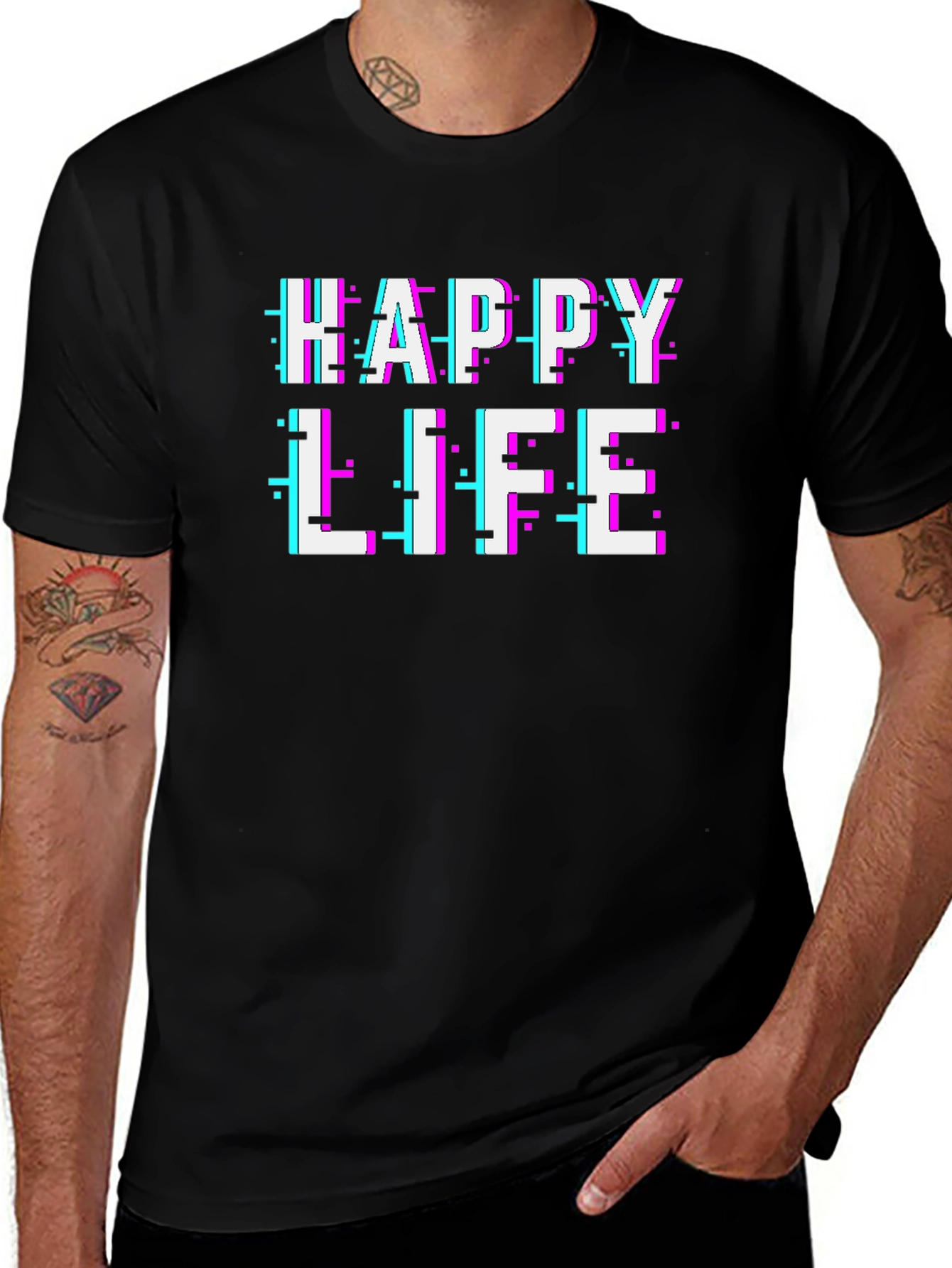 Happy Life Glitch Text Graphic T-Shirt