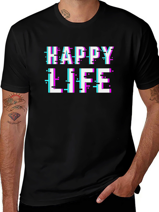 Happy Life Glitch Text Graphic T-Shirt