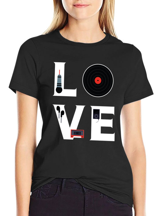 Love Music T-Shirt: Retro Microphone Vinyl Cassette and More