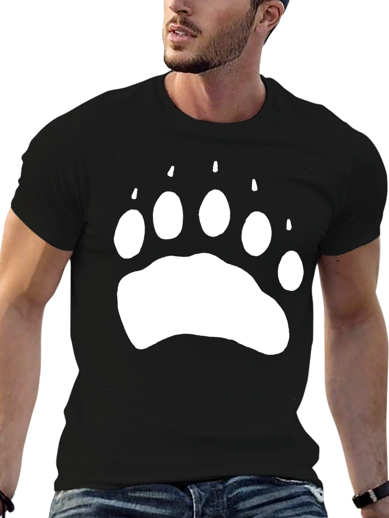 Bear Paw Print Graphic T-Shirt - Casual Black Tee