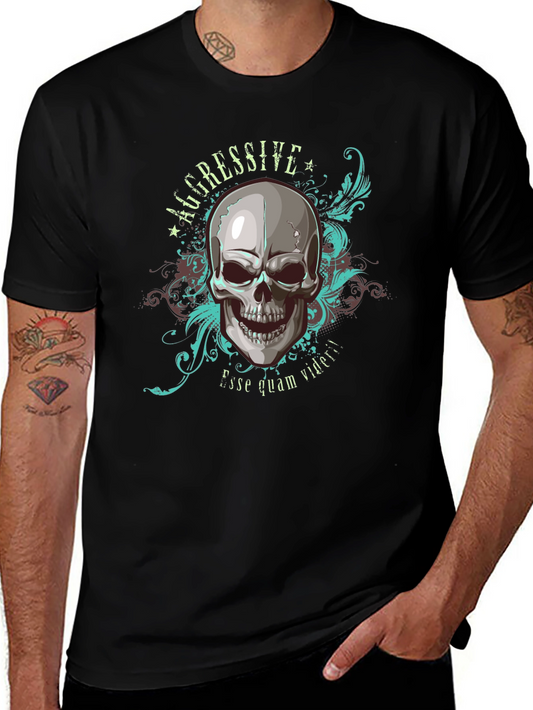 Aggressive Skull Graphic Print Black T-Shirt