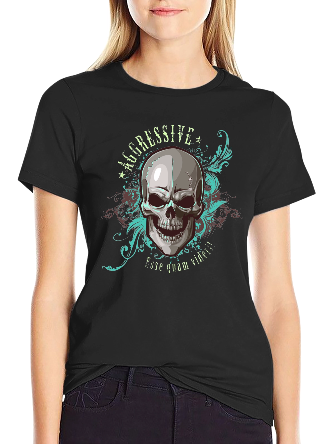 Aggressive Skull Graphic Print Black T-Shirt