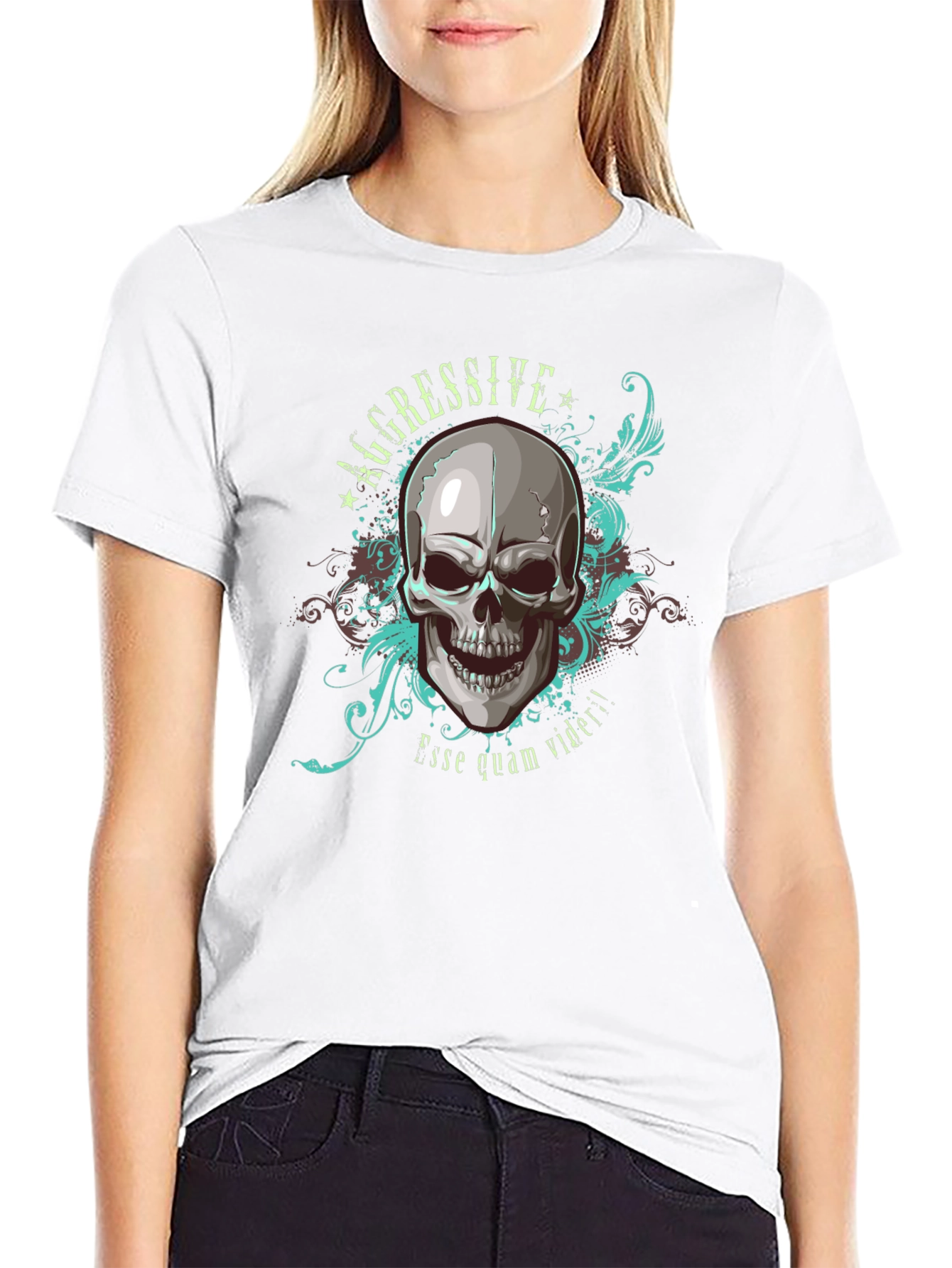 Aggressive Skull Graphic Print Black T-Shirt