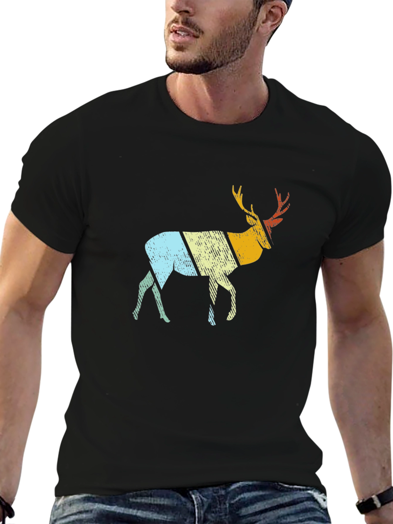 Retro Deer Graphic Tee - Black Cotton Blend