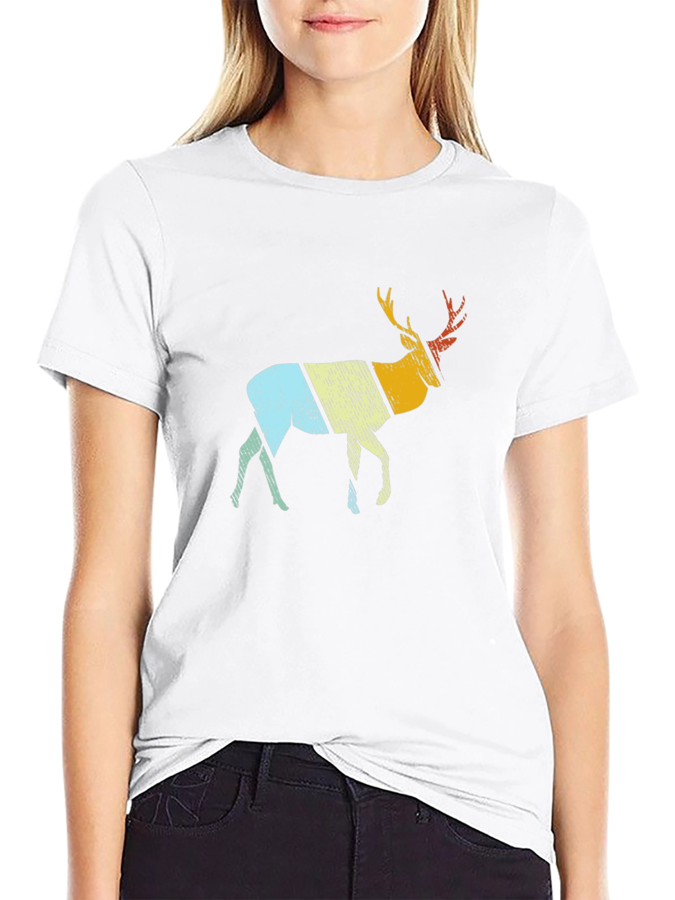Retro Deer Graphic Tee - Black Cotton Blend