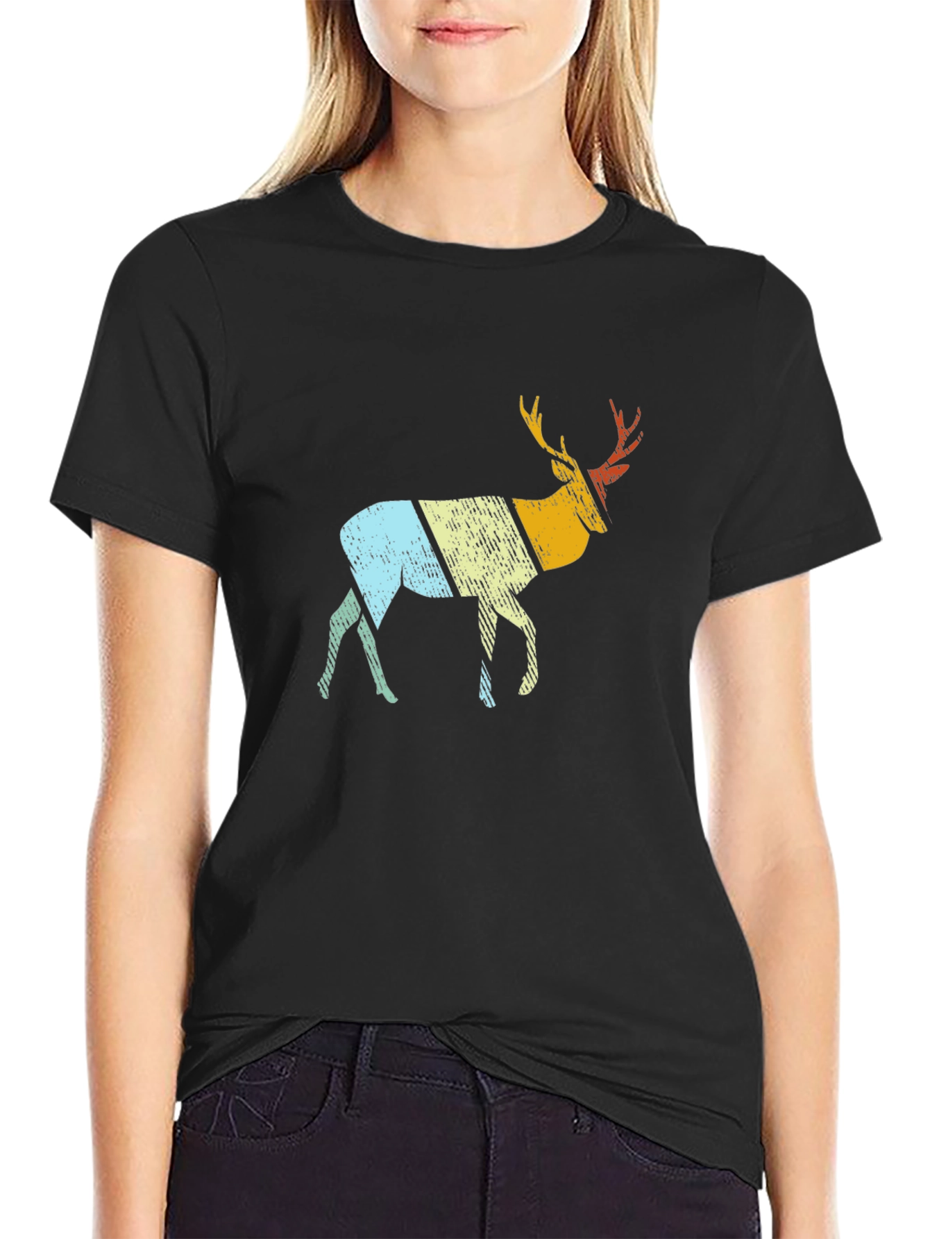Retro Deer Graphic Tee - Black Cotton Blend