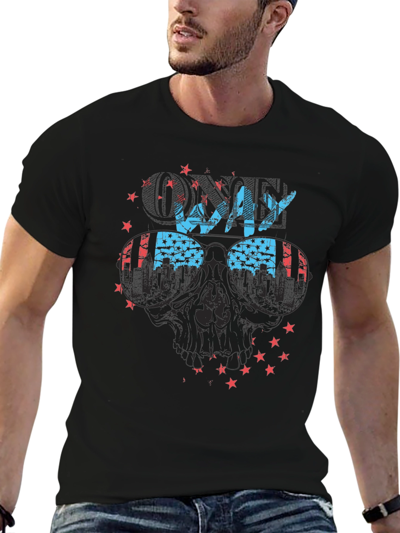 Cool Way Skull Graphic Tee - Patriotic Design