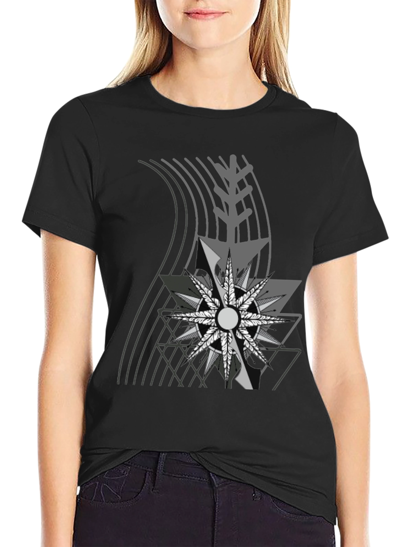 Abstract Geometric Graphic Tee - Black Cotton Blend