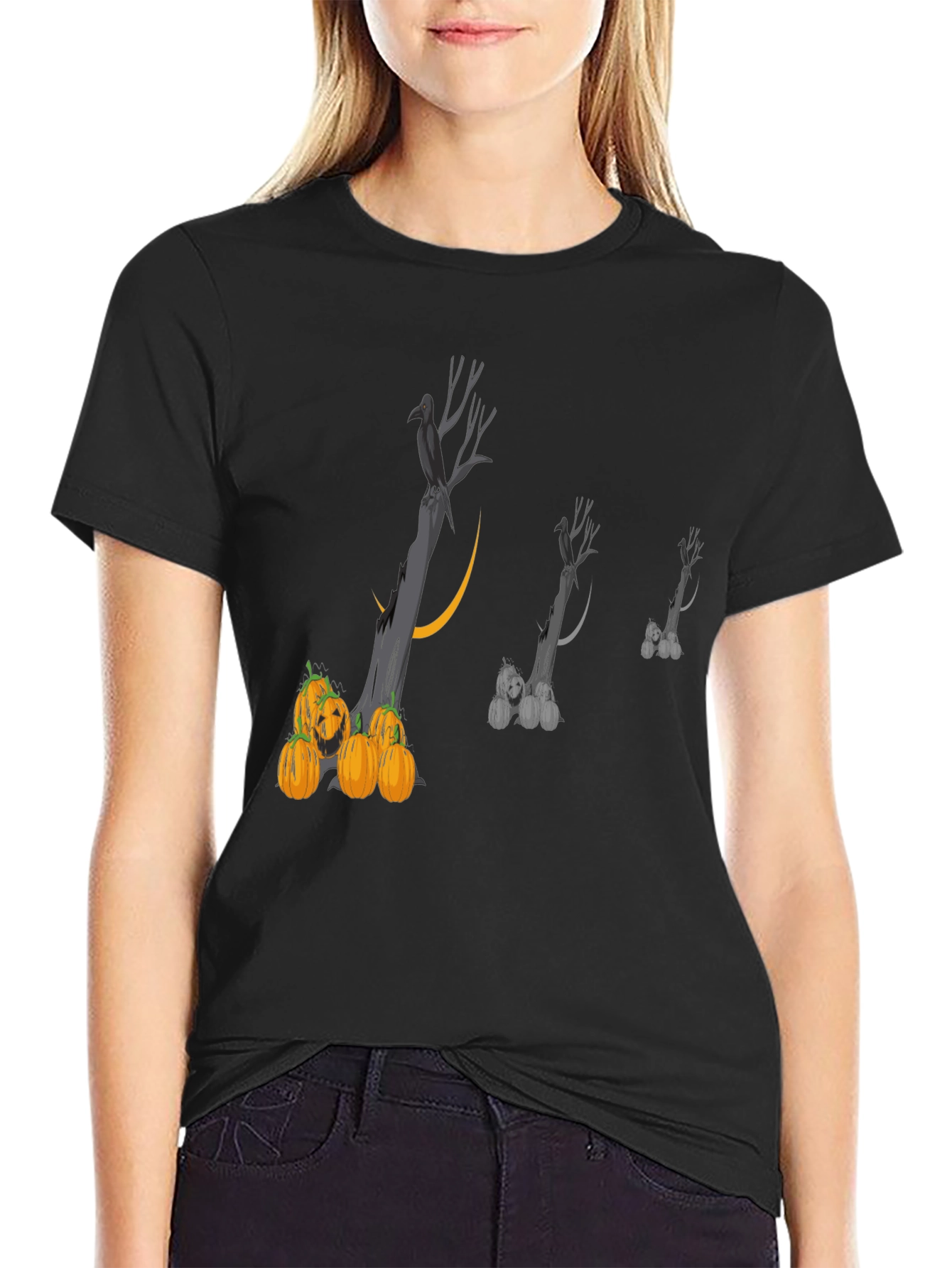 Spooky Halloween T-Shirt with Raven and Pumpkins