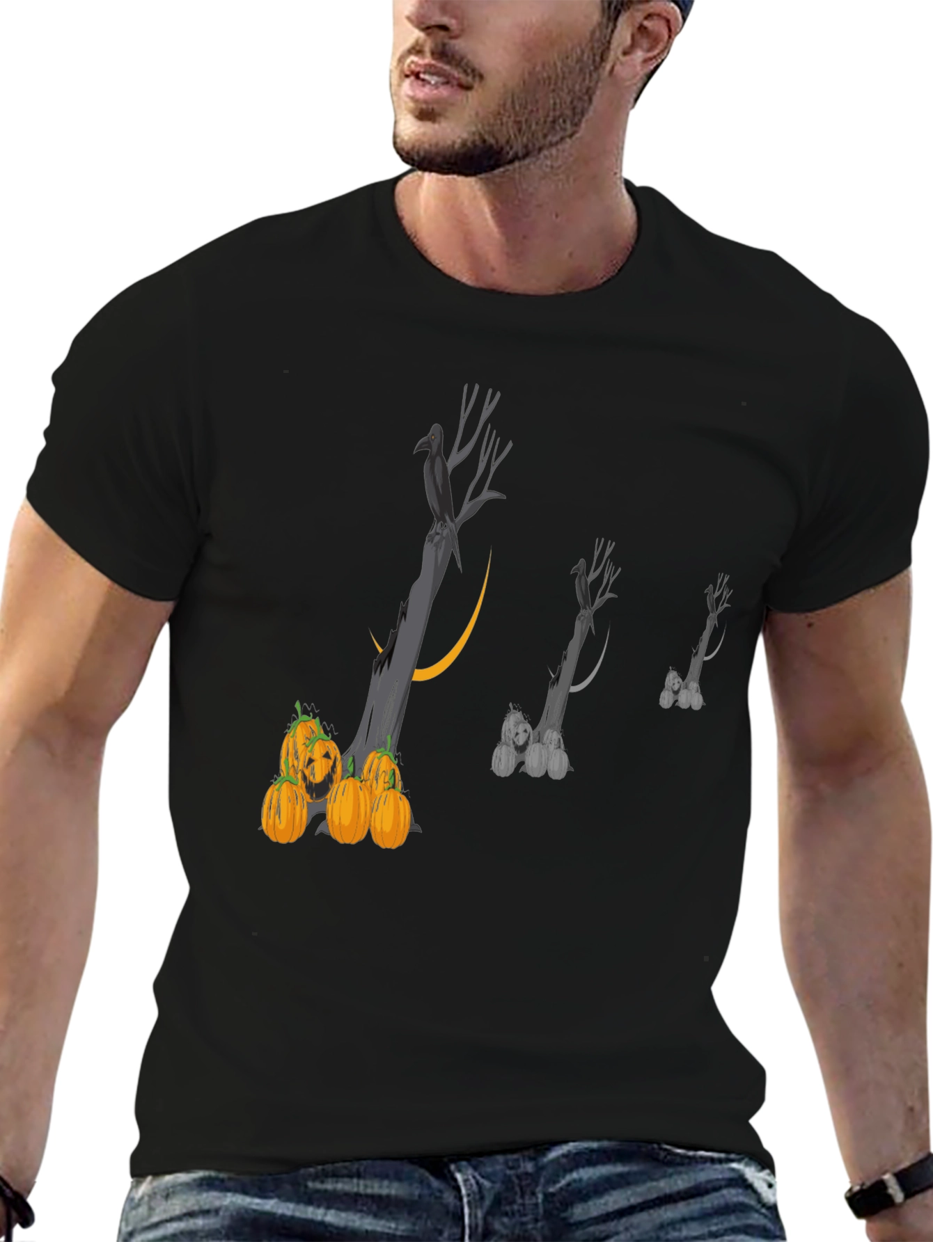 Spooky Halloween T-Shirt with Raven and Pumpkins