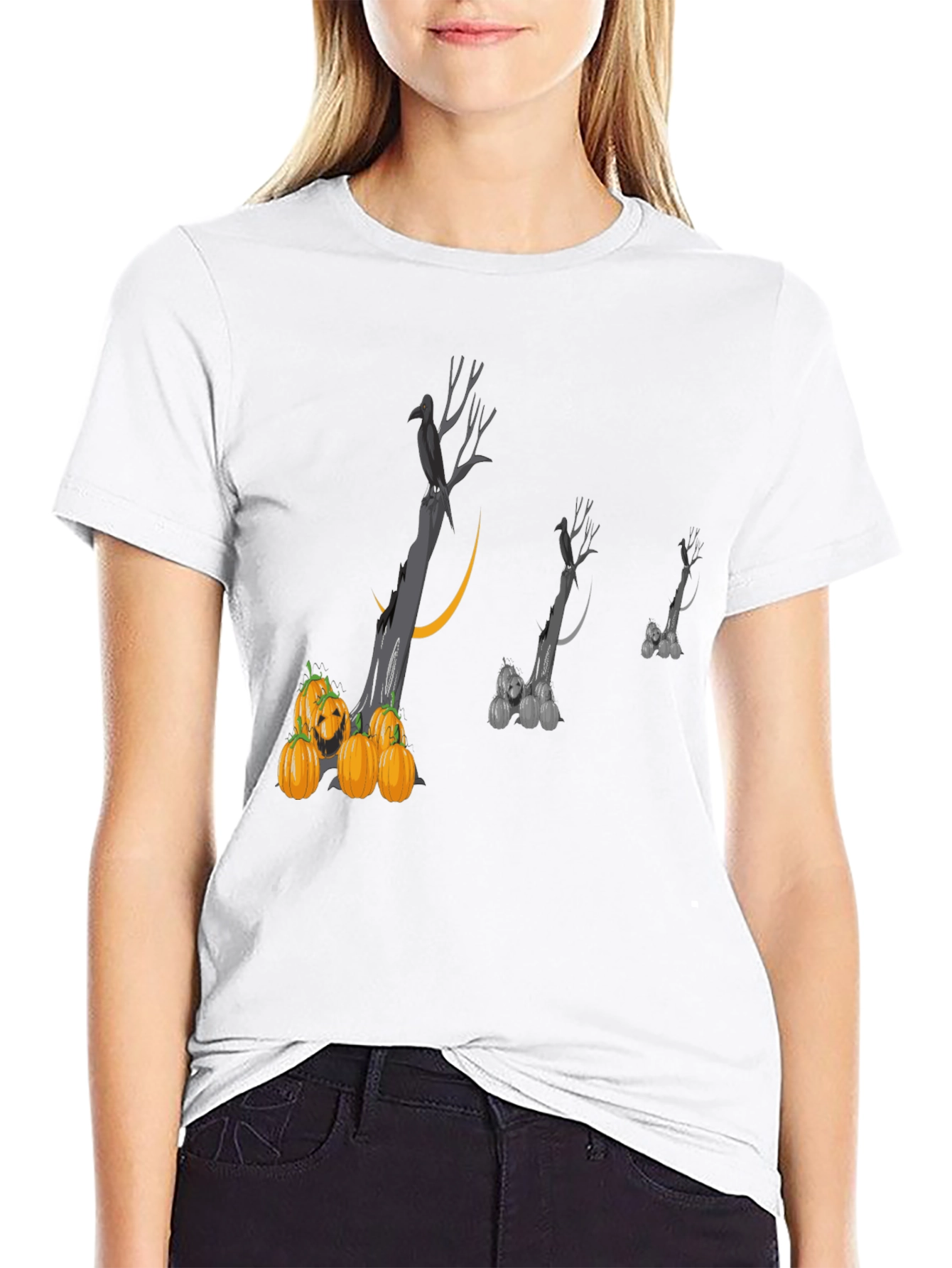 Spooky Halloween T-Shirt with Raven and Pumpkins